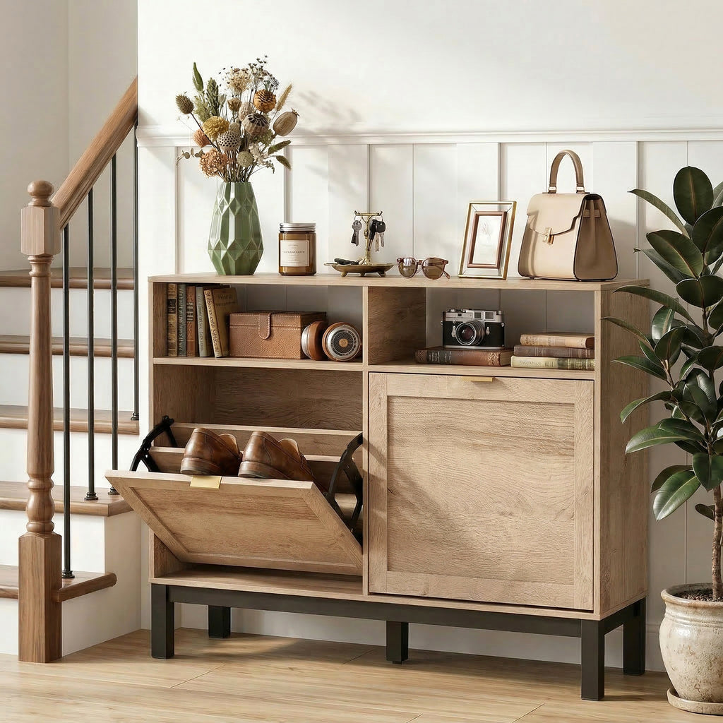HOMCOM Space-Saving Slim Shoe Rack with 2 Flap Doors and Adjustable Removable Shelves for 8 Pairs, Walnut Color