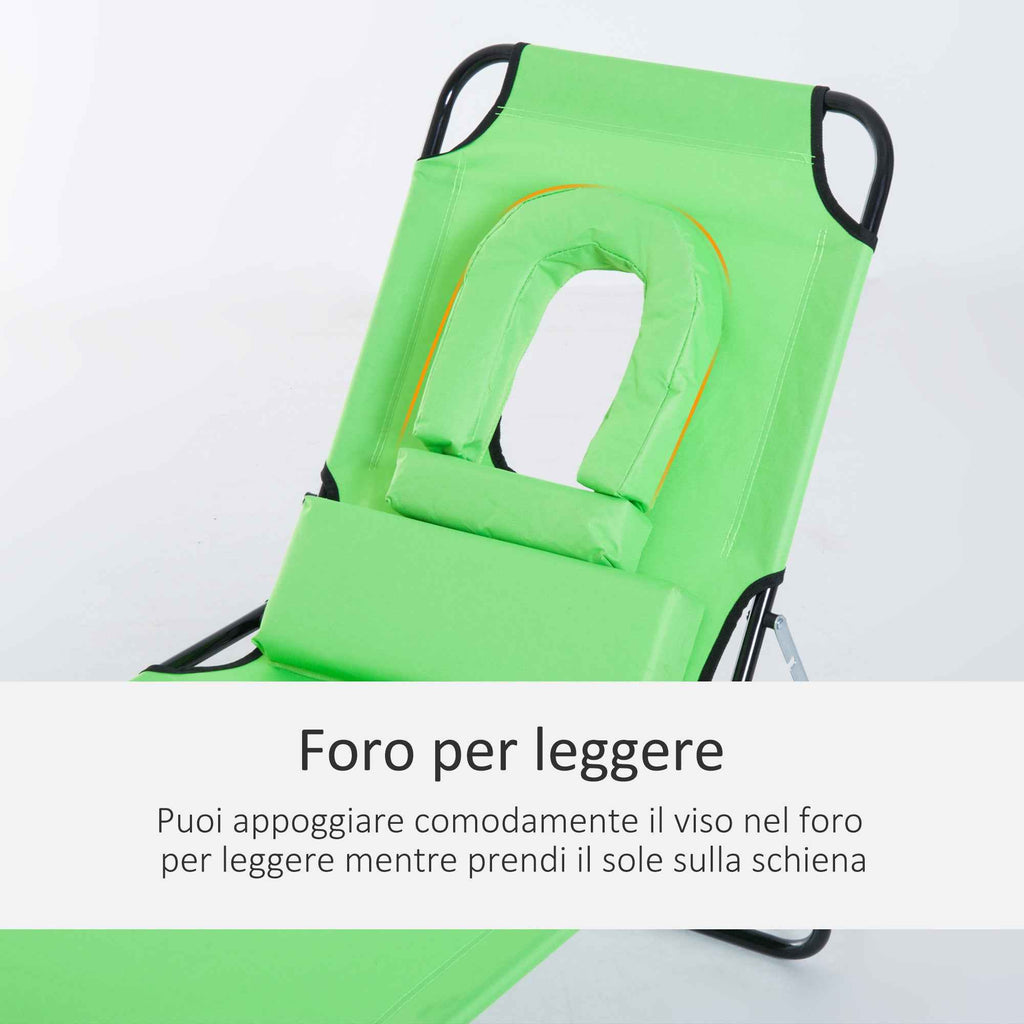 Outsunny Folding Deck Chair with Reading Hole and Cushion, 4-Level Reclining, Oxford Fabric and Steel Frame, Green