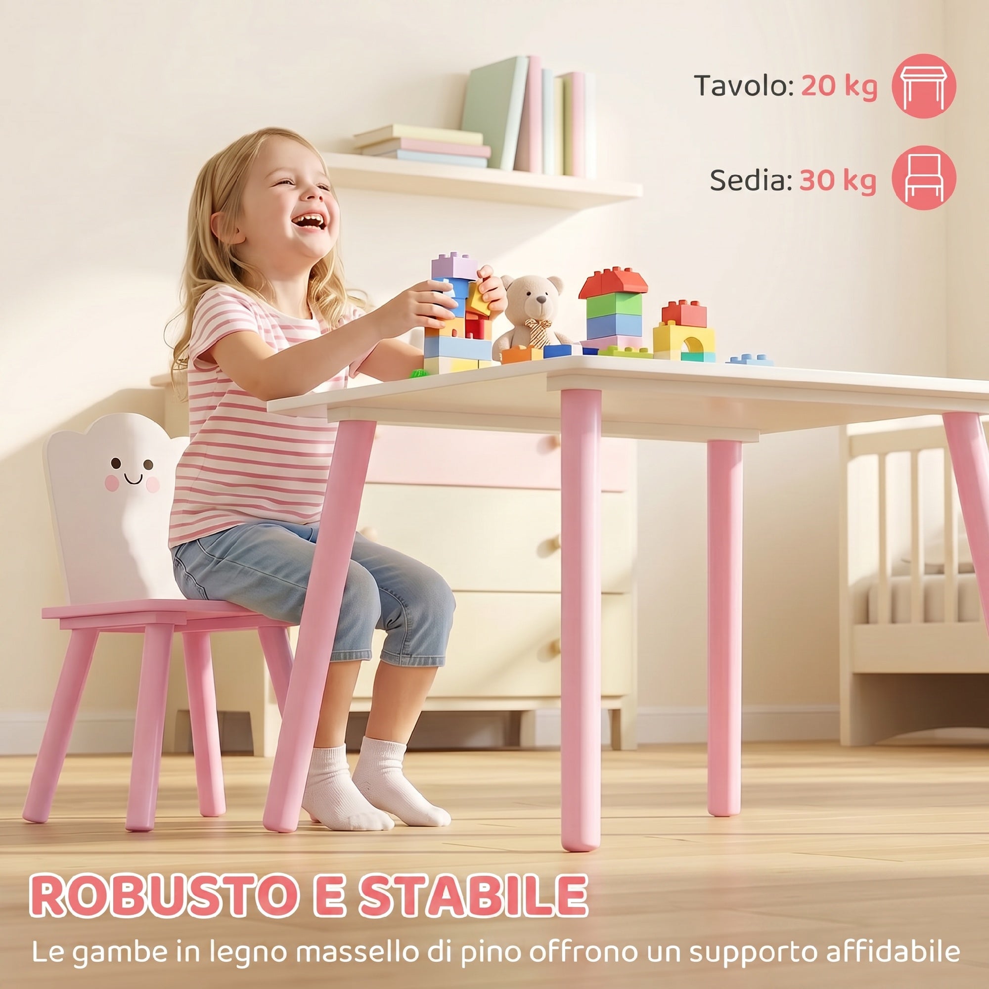 AIYAPLAY Wooden Table and 2 Chairs Set for Children Ages 3-6 with Rounded Corners, Pink