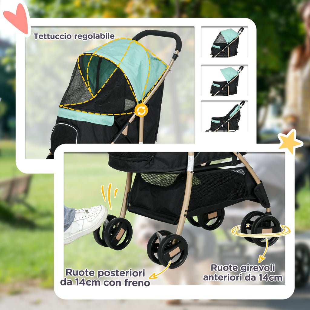Foldable Dog Stroller with Rain Cover, Basket, and Built-in Leash, Green