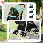 Foldable Dog Stroller with Rain Cover, Basket, and Built-in Leash, Green