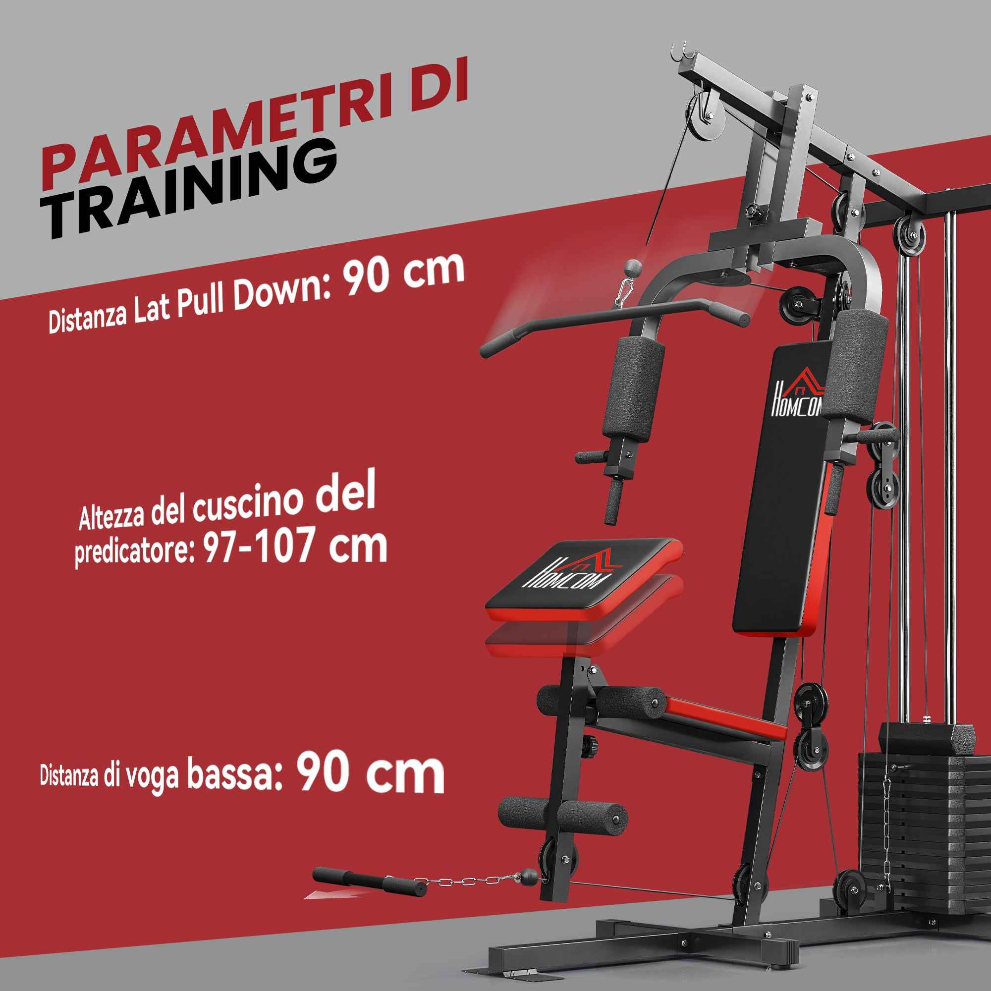 HOMCOM Power Tower Fitness Station Weights 65kg, 135x103x210cm, Black Red