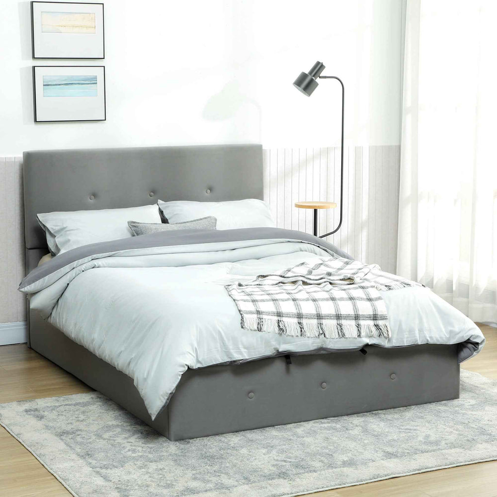 HOMCOM Storage Bed with Hidden Storage and Velvet Quilted Headboard, in Wood and Metal, 195x141x106 cm, Grey