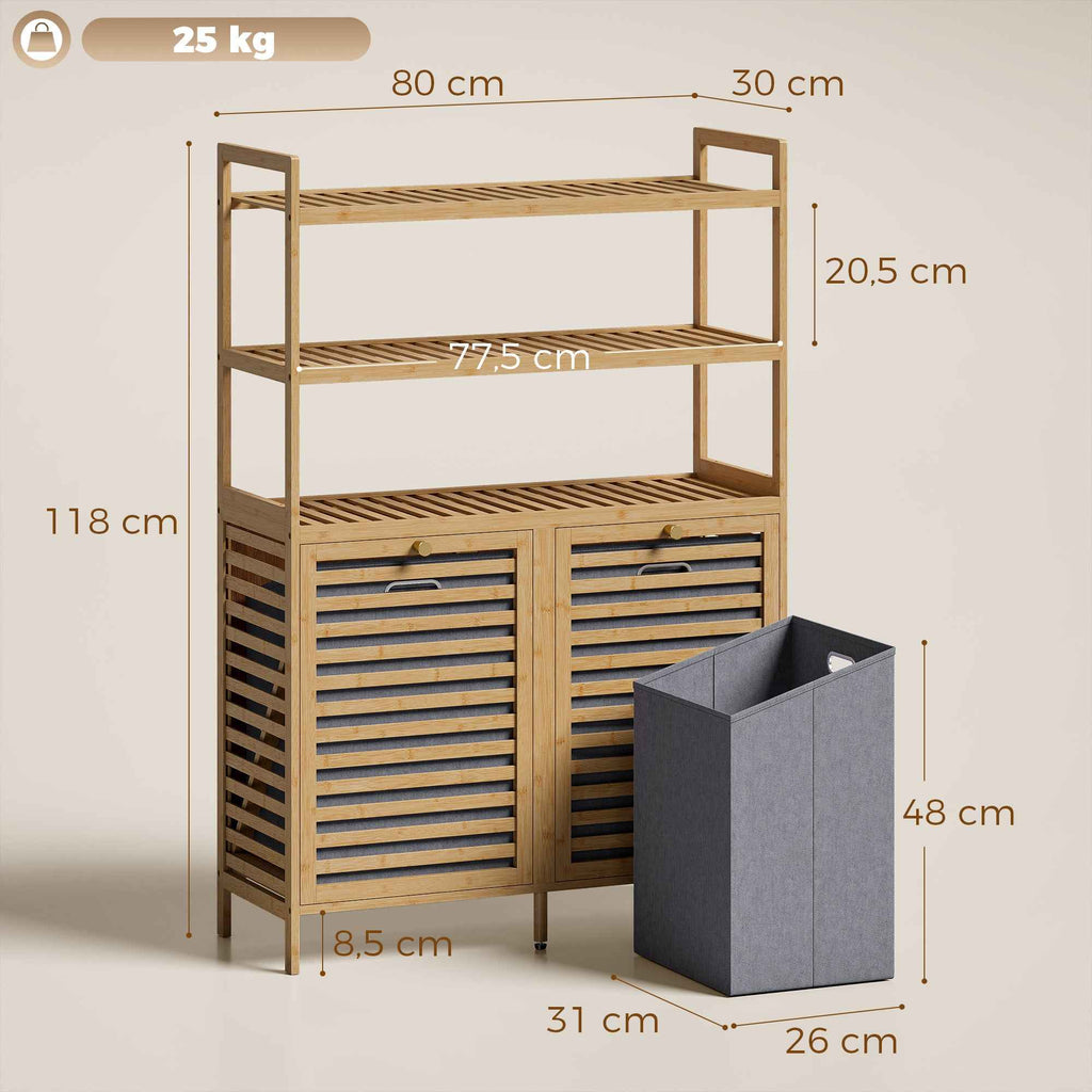 HOMCOM Tiltable Double Laundry Cabinet, Bamboo, 2 Baskets, 3 Shelves, Oak Color