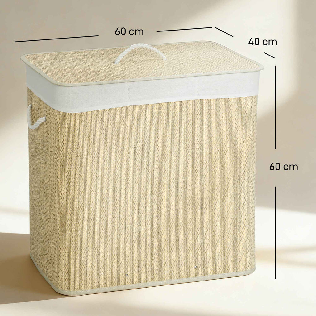HOMCOM Bamboo Laundry Hamper with Lid, 144L, 3 Compartments, Removable and Washable Bag, Handles, Cream
