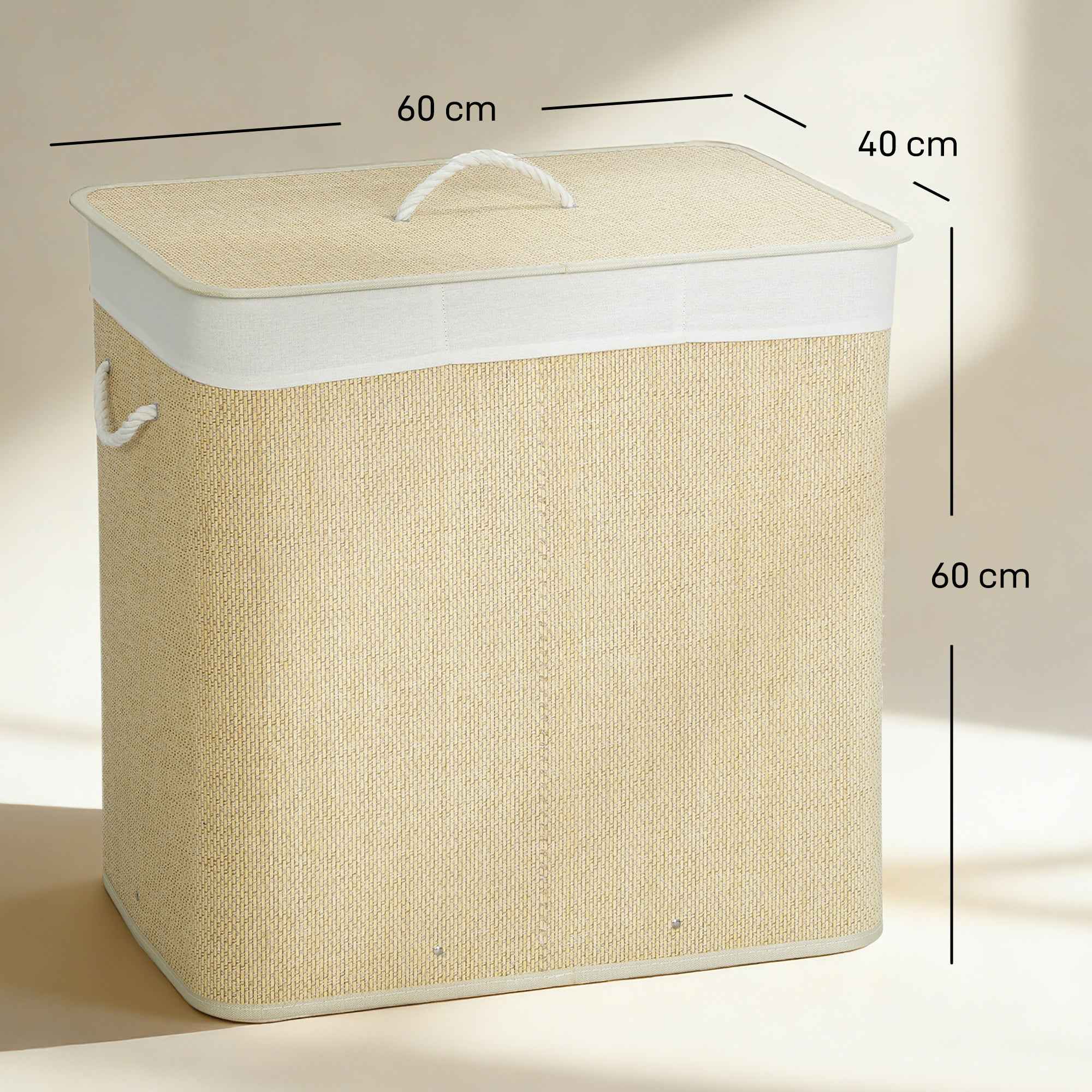HOMCOM Bamboo Laundry Hamper with Lid, 144L, 3 Compartments, Removable and Washable Bag, Handles, Cream