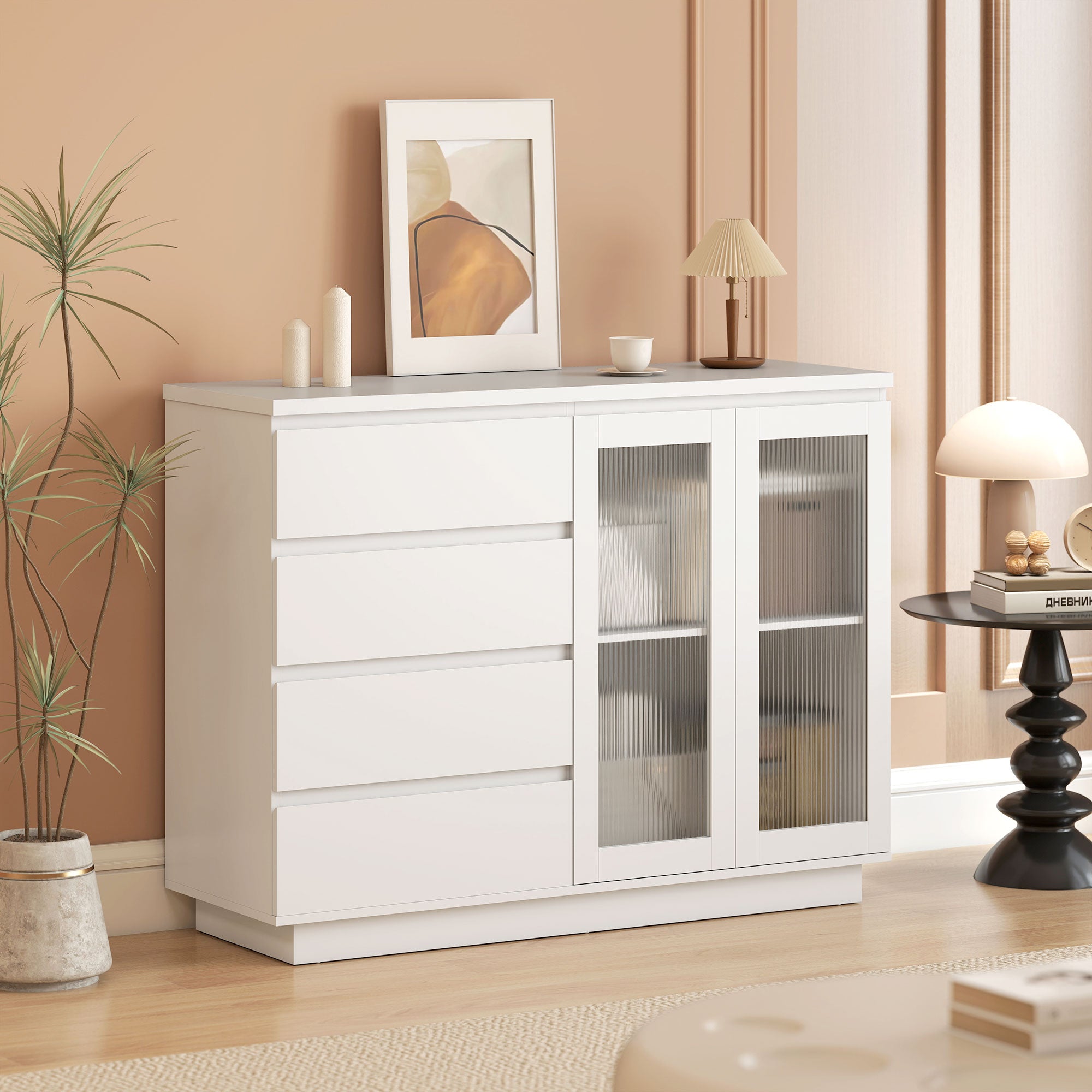 Wooden Buffet Sideboard with 4 Drawers and Cabinet with Glass Doors and Adjustable Shelves, 120x40x91 cm, White