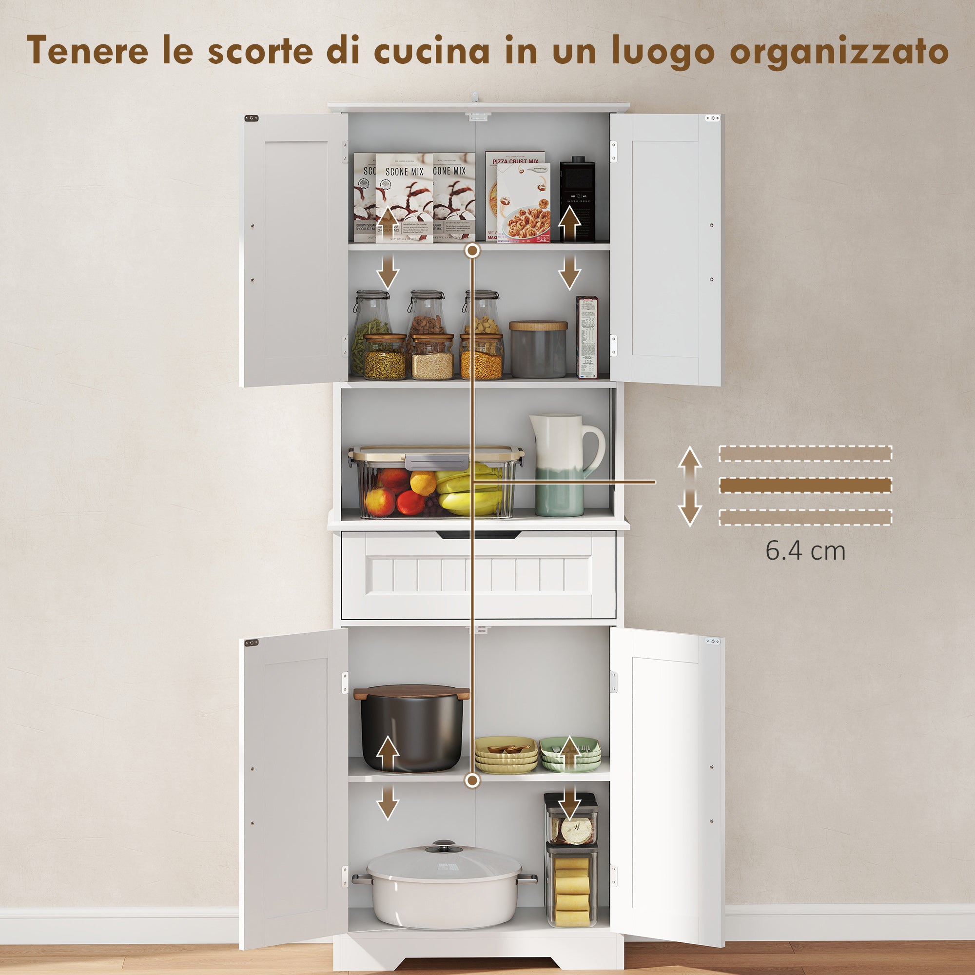 Kitchen Sideboard with 2 Cabinets and Drawer, Open Center Top and Adjustable Shelves, White
