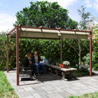 Gazebo Pergola with Retractable Roof, Pegs and Screws, in Polyester and Aluminum, 382x300x232 cm, Wood Color
