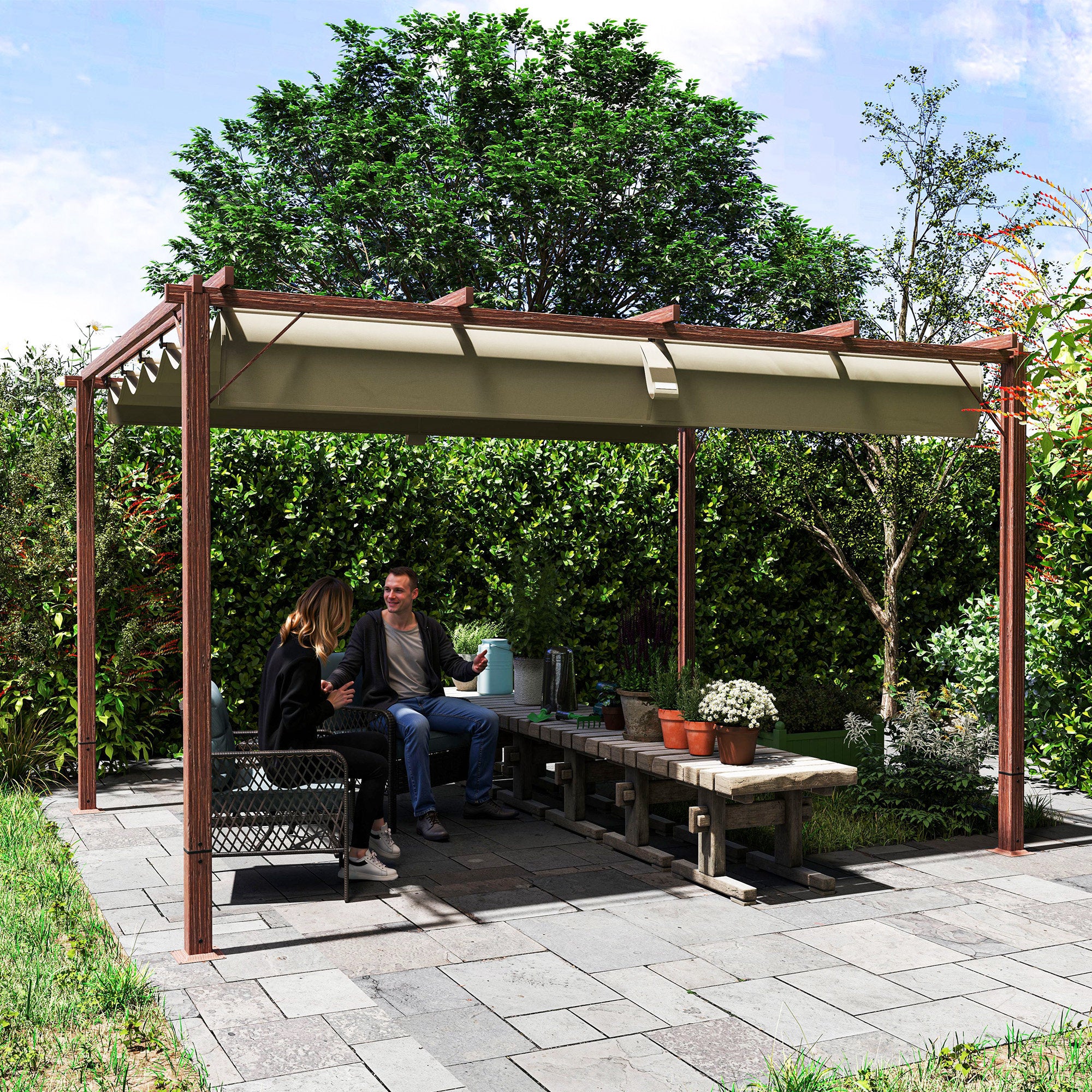 Gazebo Pergola with Retractable Roof, Pegs and Screws, in Polyester and Aluminum, 382x300x232 cm, Wood Color