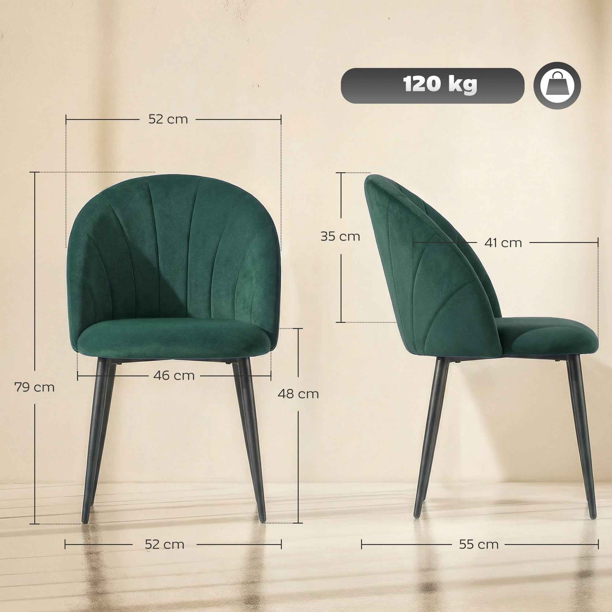 HOMCOM Set of 2 Velvet Shell-Back Dining Chairs, 52 x 55 x 79 cm, Dark Green