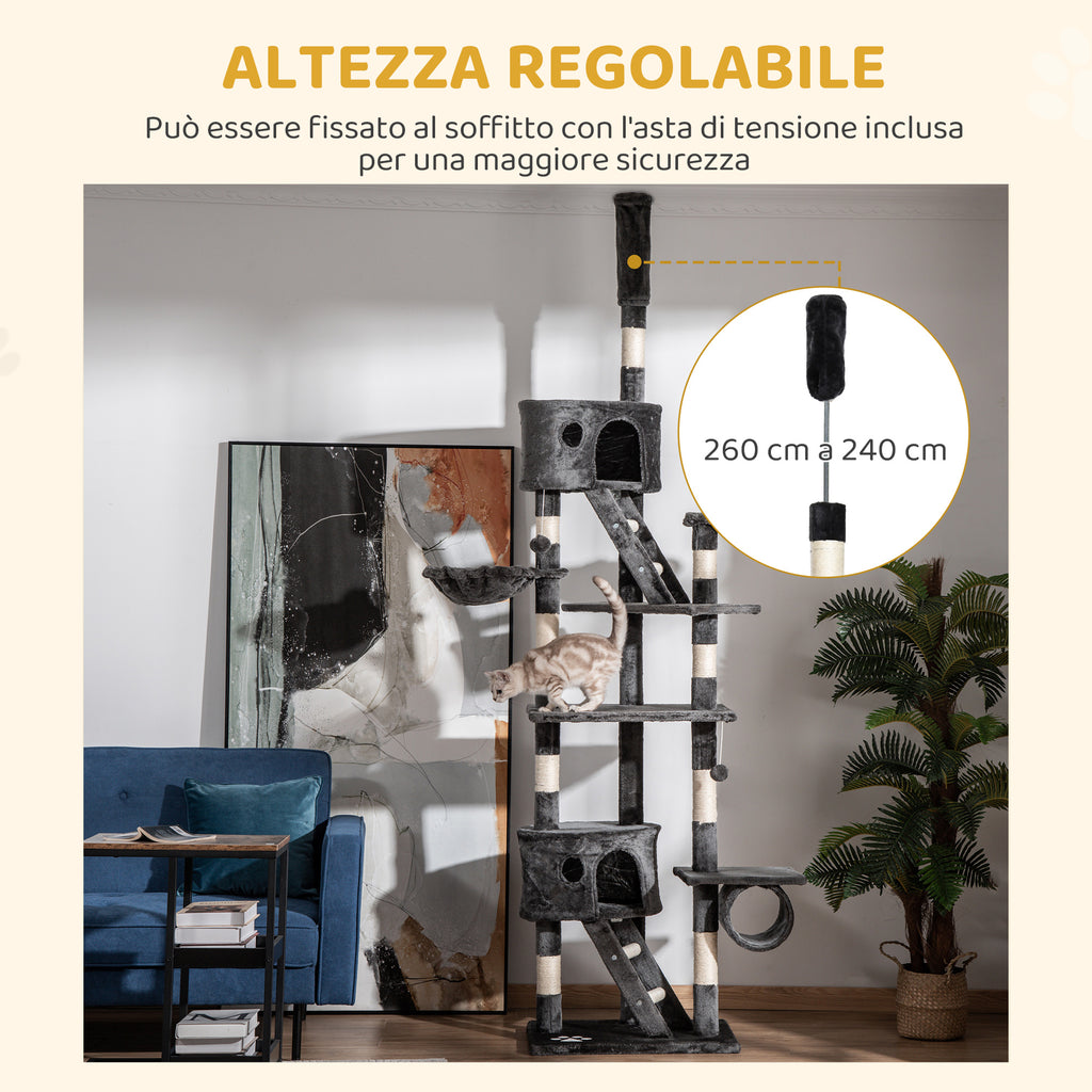 Multi-Level Ceiling Cat Scratching Post with Adjustable Height 240-260cm, with Kennels and Ladders, Grey