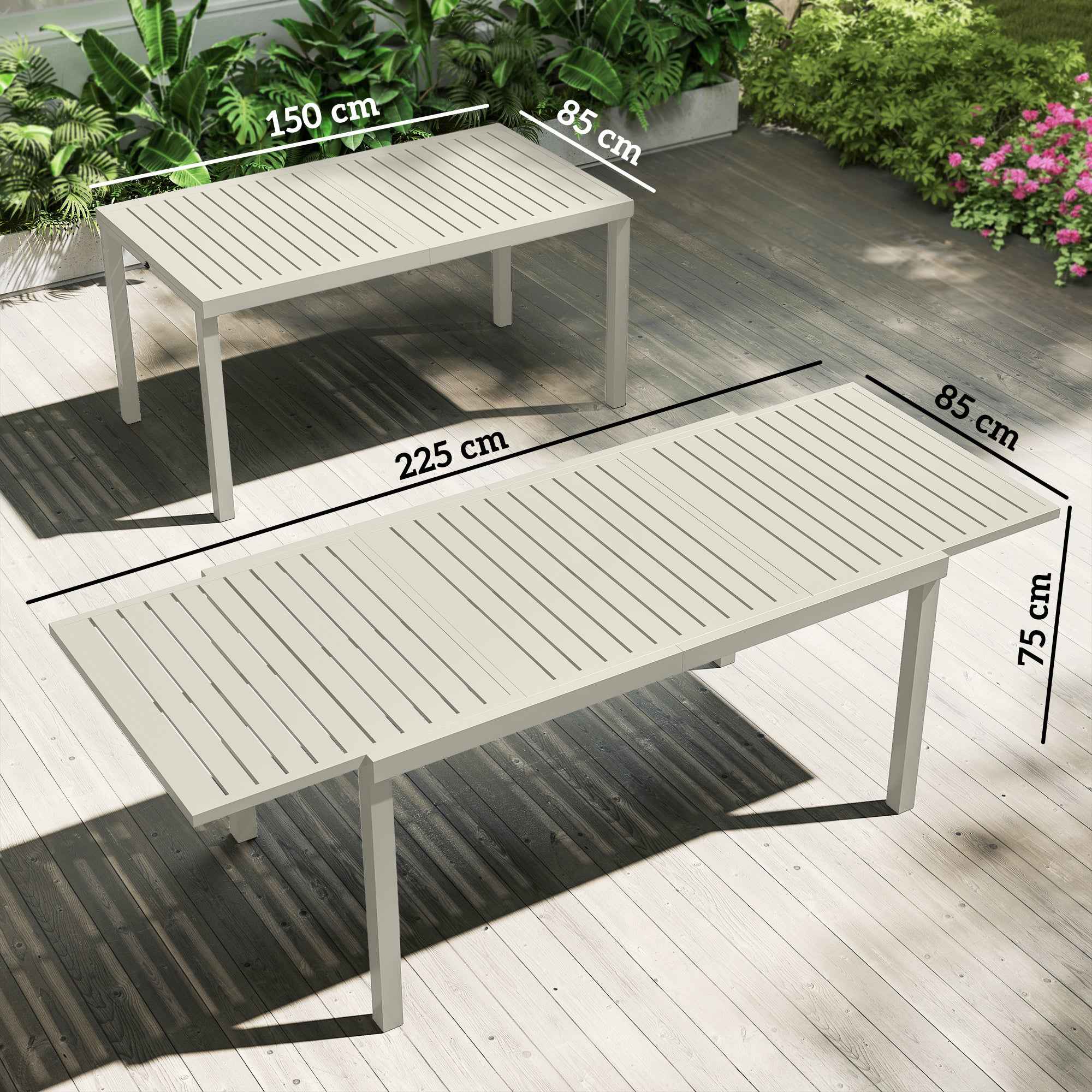 Outsunny Extendable Garden Table for 6-8 People, Aluminum with Slatted Top, White