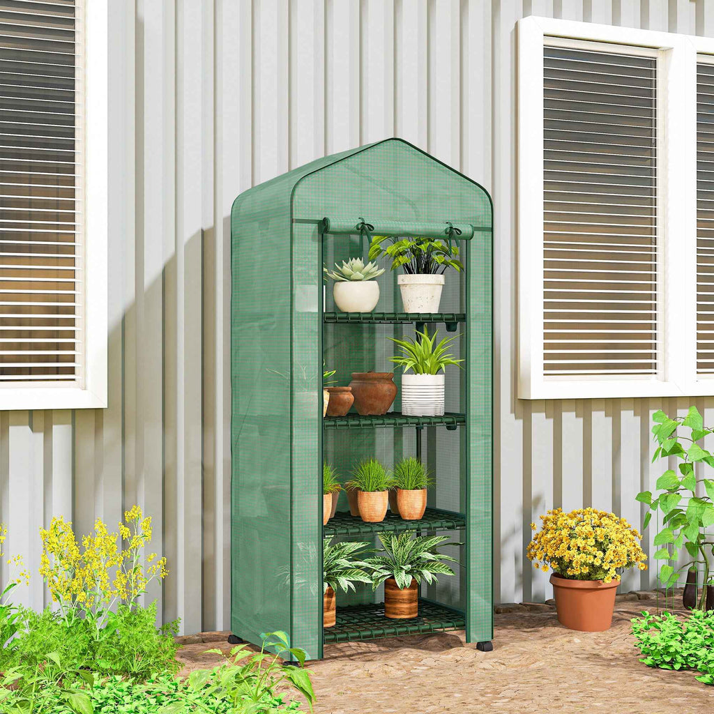 Outsunny 4-Tier Balcony Greenhouse with 4 Wheels and Roll-Up Entrance, Steel and PE, 69x50x165 cm, Green