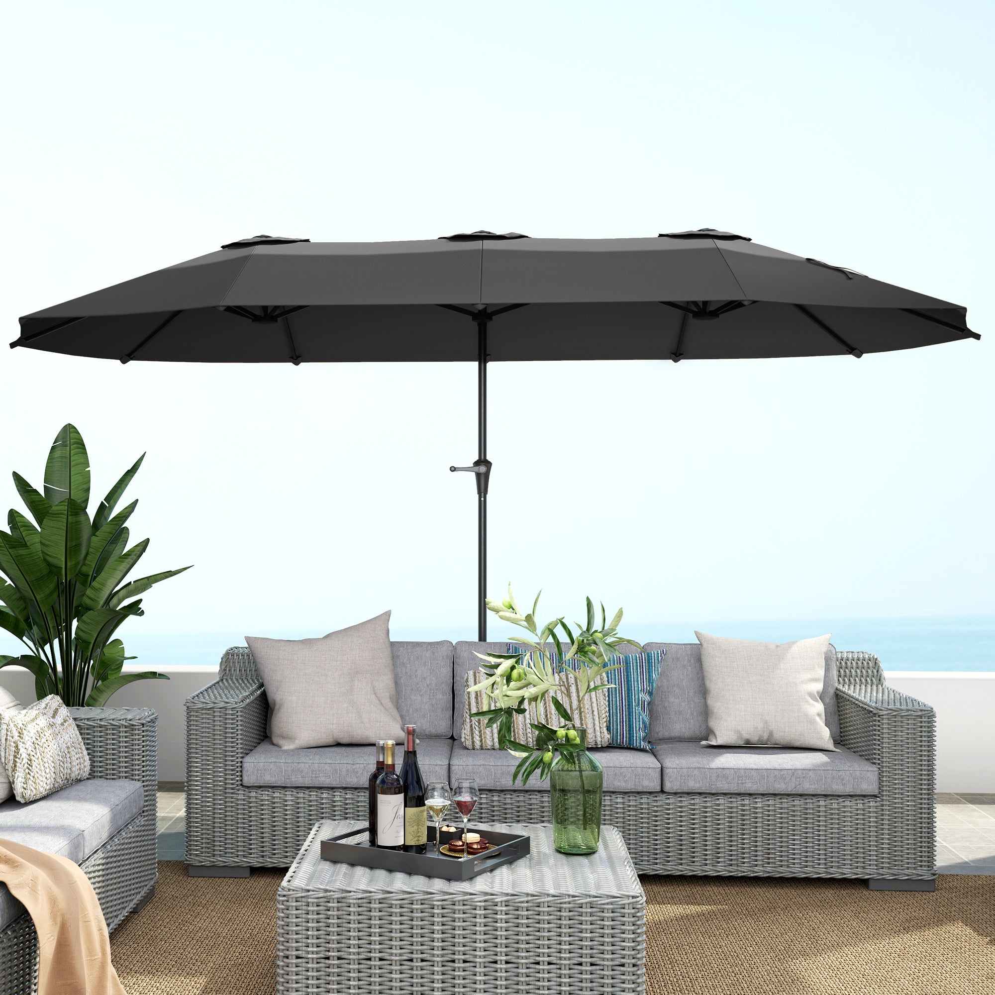 Double Umbrella with Air Vents and Crank, in Metal and Polyester, 4x2.2x2.34 m, Black and Dark Gray