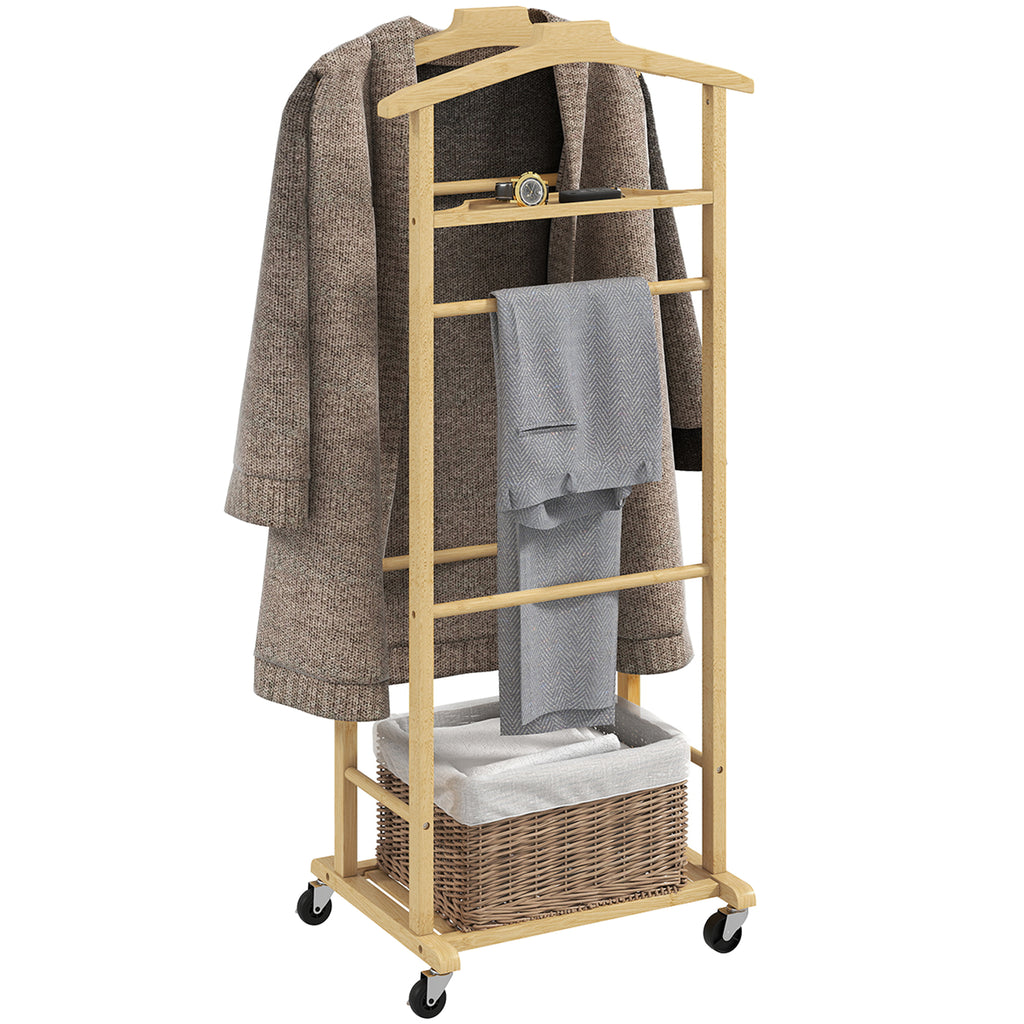 HOMCOM 4-in-1 Bamboo Valet Stand with Wheels, 2 Rods, Empty Pocket Tray and Shoe Shelf, 47 x 33.7 x 105.5 cm