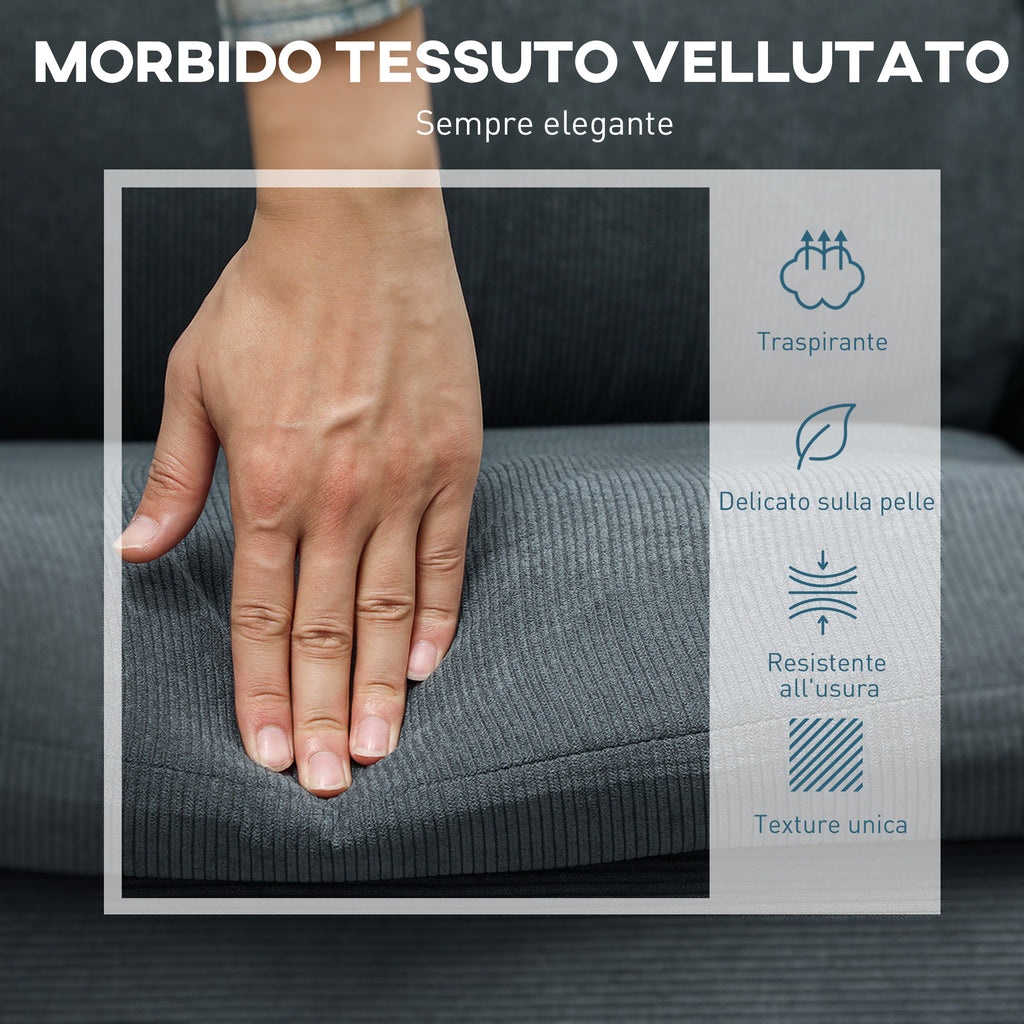 3 Seater Corner Sofa with Reversible Chaise Longue, in Velvet Effect Fabric, 196x140x88 cm, Charcoal Grey