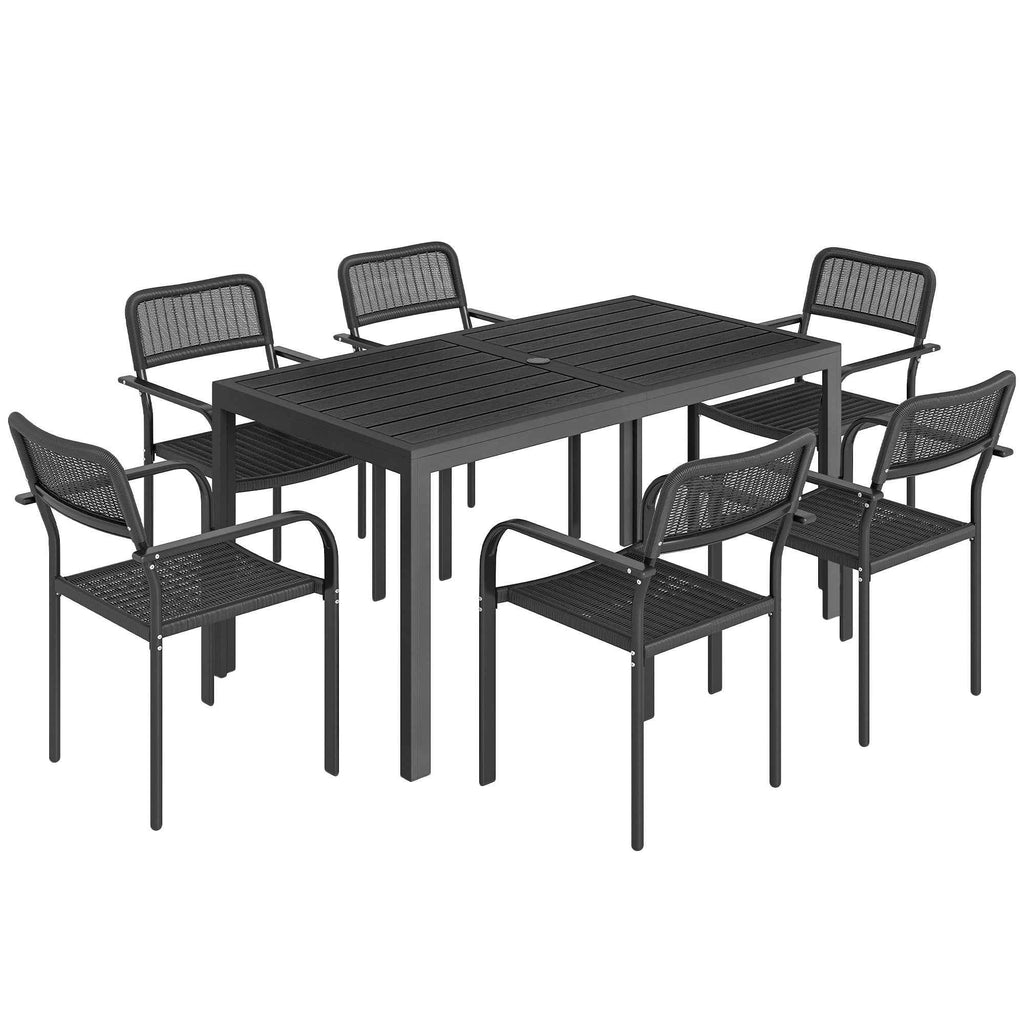 Outsunny Outdoor Dining Set, Table with Umbrella Hole and 6 Chairs, Black