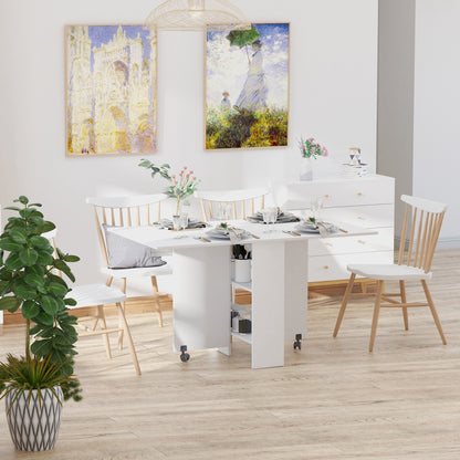 LEAF - Foldable Dining Table for 4-6 People with 2 Wheels, Space-Saving Leaf Table with 2 Storage Shelves, 140x75x74cm, White