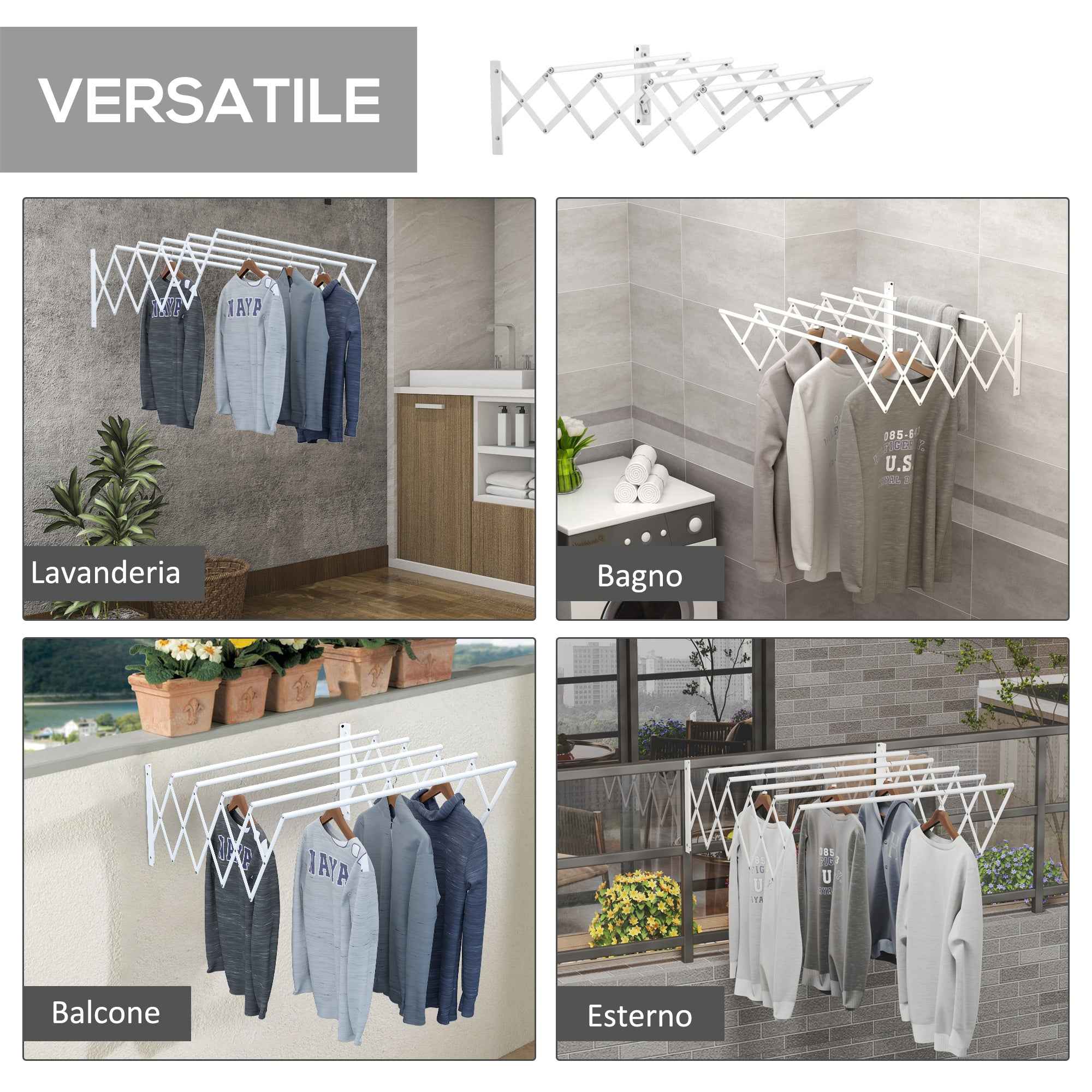 HOMCOM Retractable Wall-Mounted Clothes Airer for Indoor and Outdoor Use, 63.5 x 60 x 20 cm, White