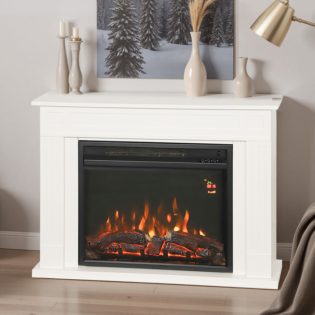 Electric Fireplace with 5 Flame Levels, Remote Control and Timer, 98x23.5x69.5 cm, Black and White