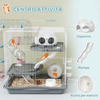 PawHut 3-Tier 14-Tube Hamster Cage with House, Ramp, and Accessories, Metal and Plastic, 45x30x45 cm, Grey