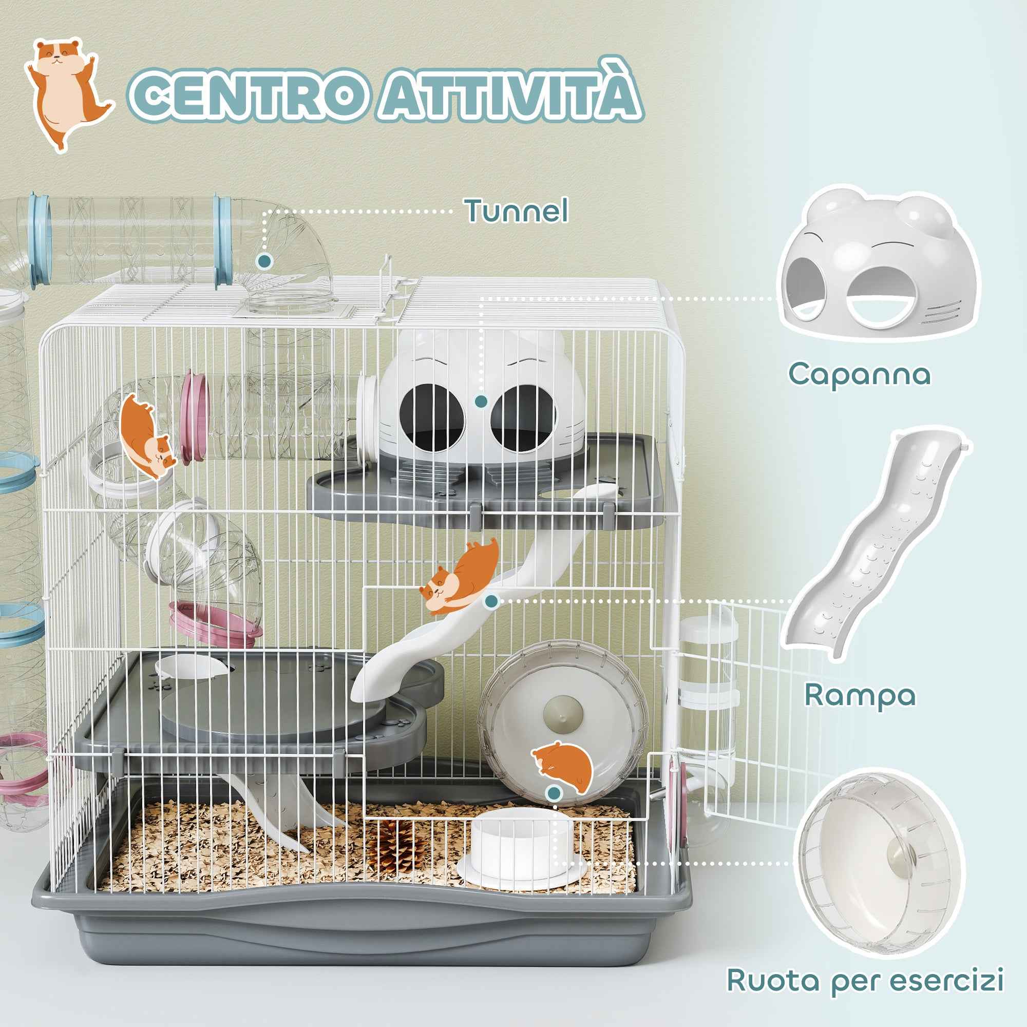 PawHut 3-Tier 14-Tube Hamster Cage with House, Ramp, and Accessories, Metal and Plastic, 45x30x45 cm, Grey