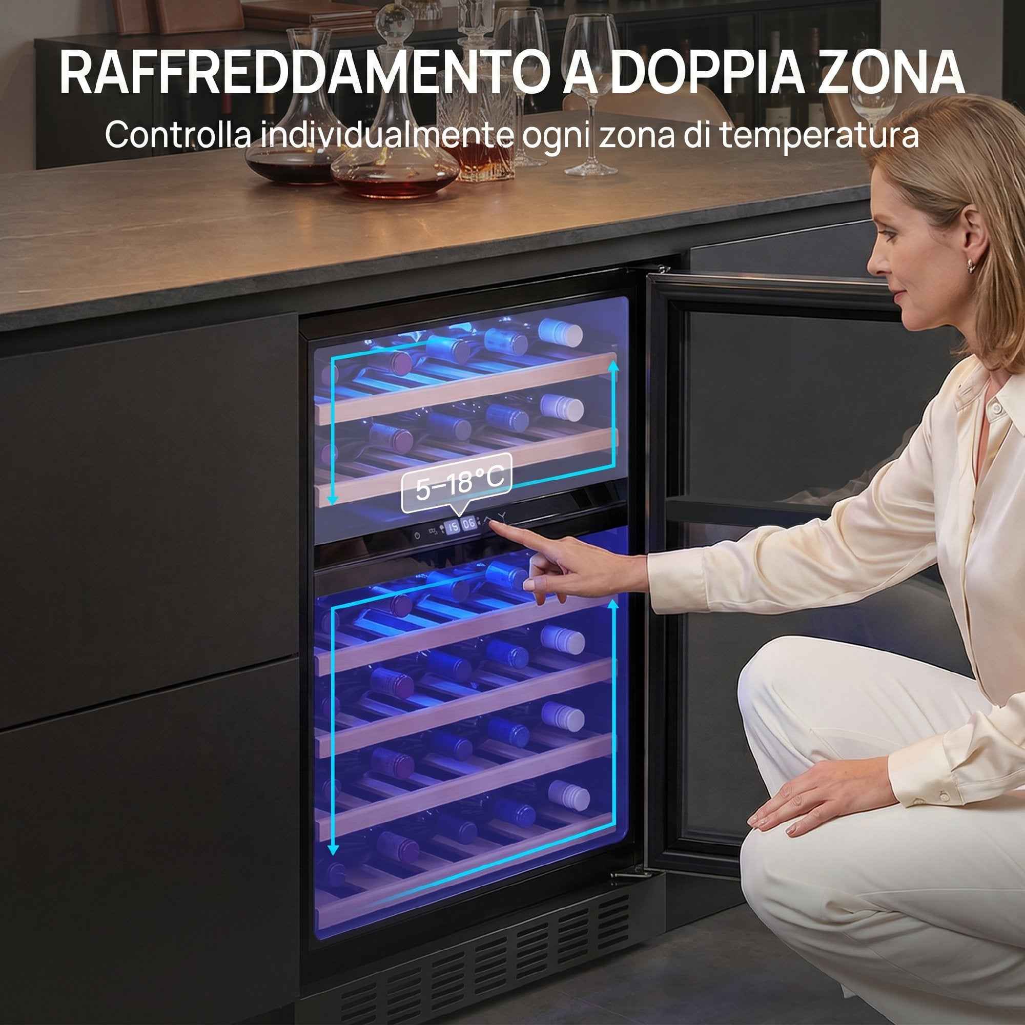 HOMCOM Wine Cooler, Dual Temperature, 5–18°C, 46 Bottles, 131L, Triple Tempered Glass Door, Black