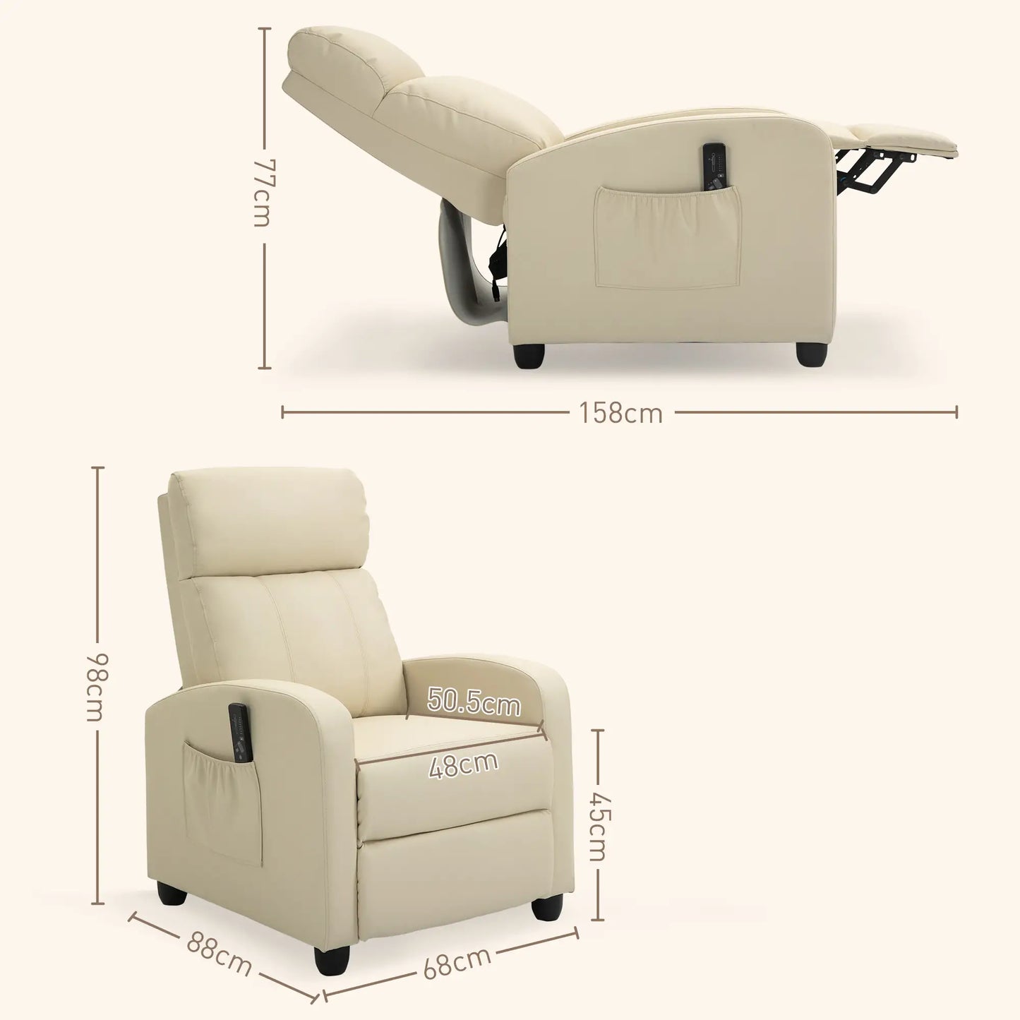 Massage Relax Chair with Remote Control and 8 Programs, Reclining and Footrest, 68x88x98cm, Cream