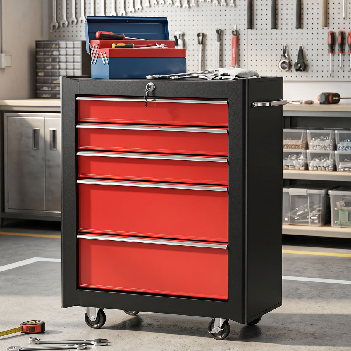 HOMCOM Tool Cart with 5 Drawers, EVA Mats, Lock and 2 Keys, 4 Swivel Wheels, Black Red