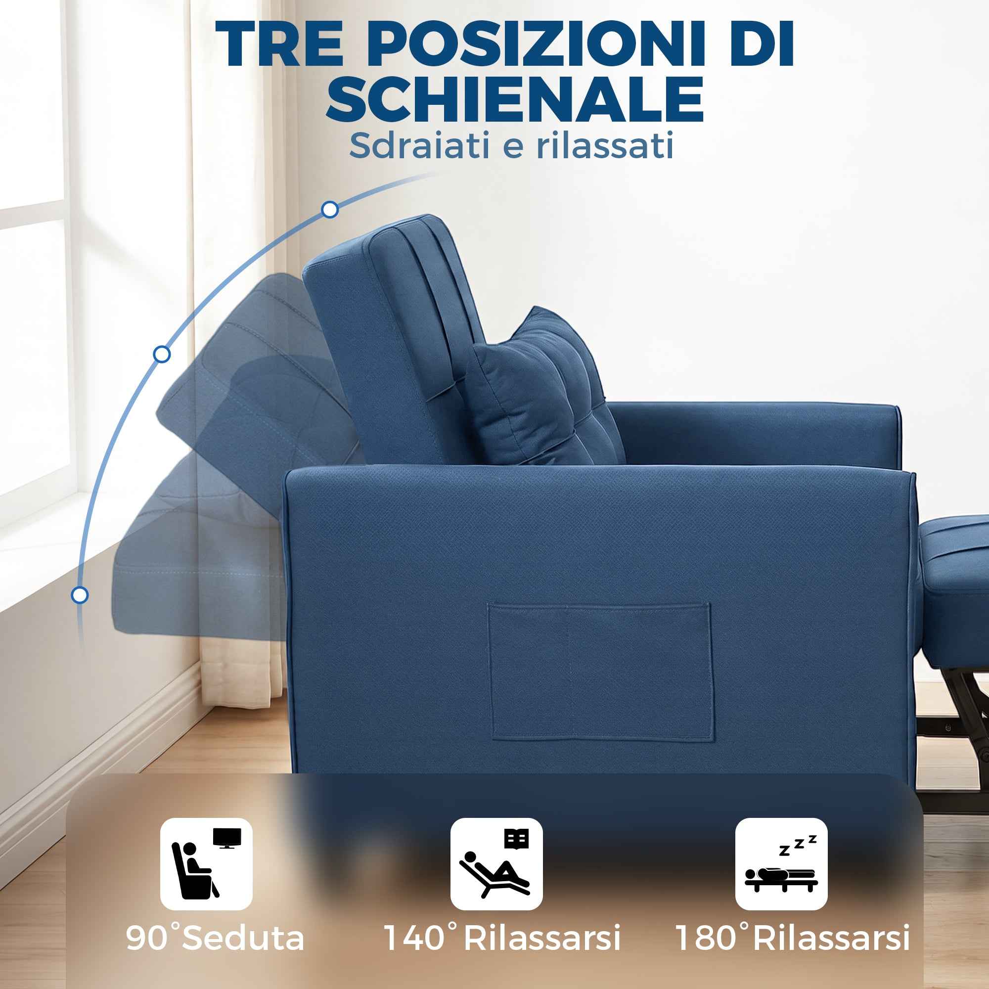 Folding Chair Bed with Adjustable Backrest and Cushion, Blue