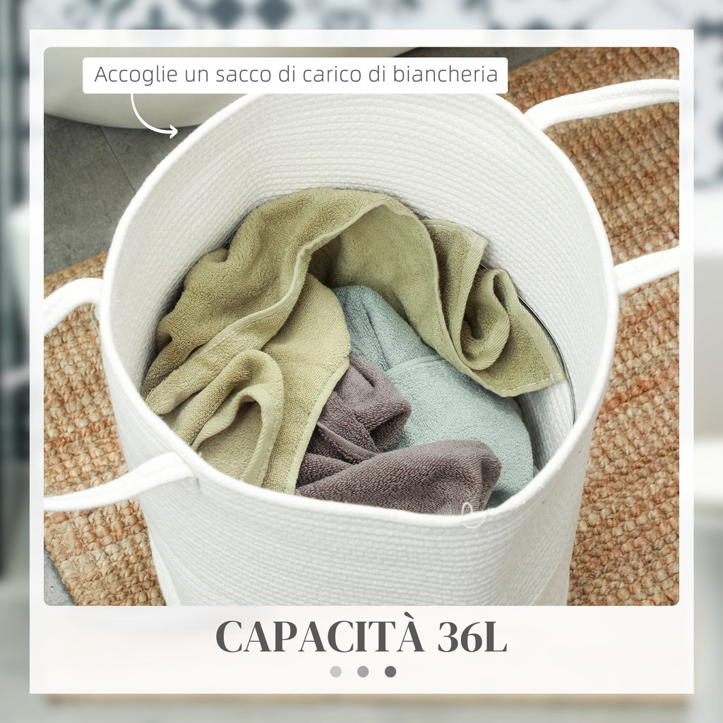Portable and Foldable 36L Laundry Basket with Natural Cotton Handles, Ø38x45 cm, Cream