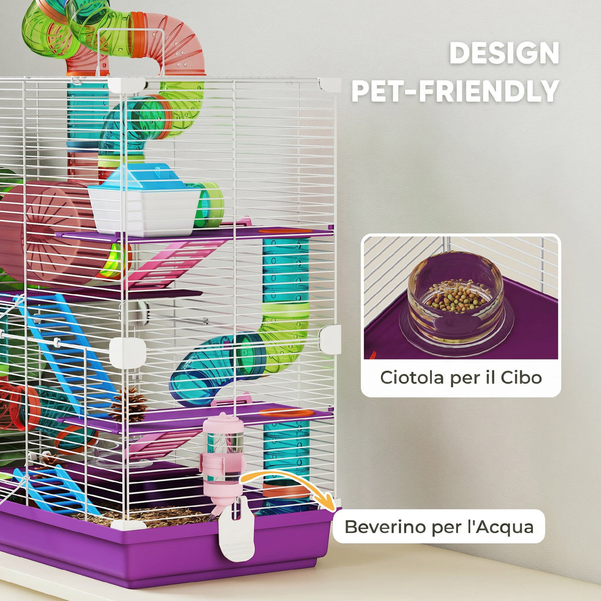 PawHut 5-Level Hamster Cage with Tubes, Wheel, Ladders, House and Bottle, 46x30x58 cm, Purple