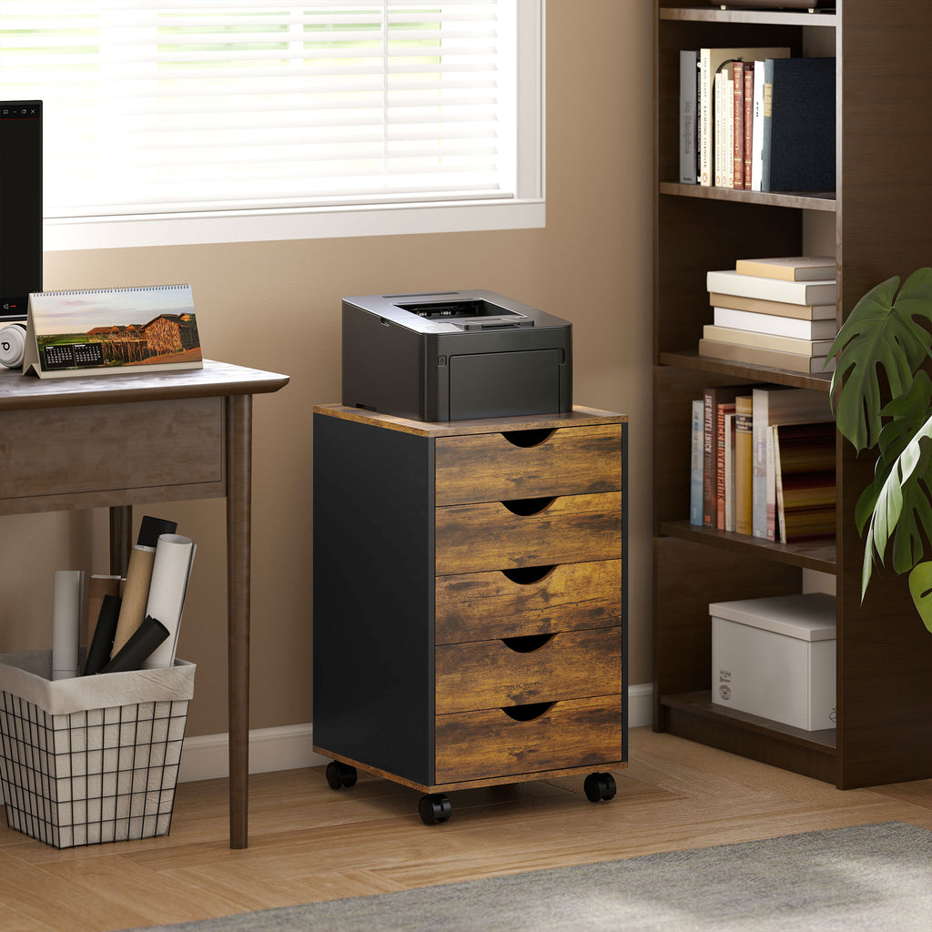 HOMCOM 5-Drawer Office Chest with Swivel Casters and Brakes, Wooden, 40x40x67 cm, Brown