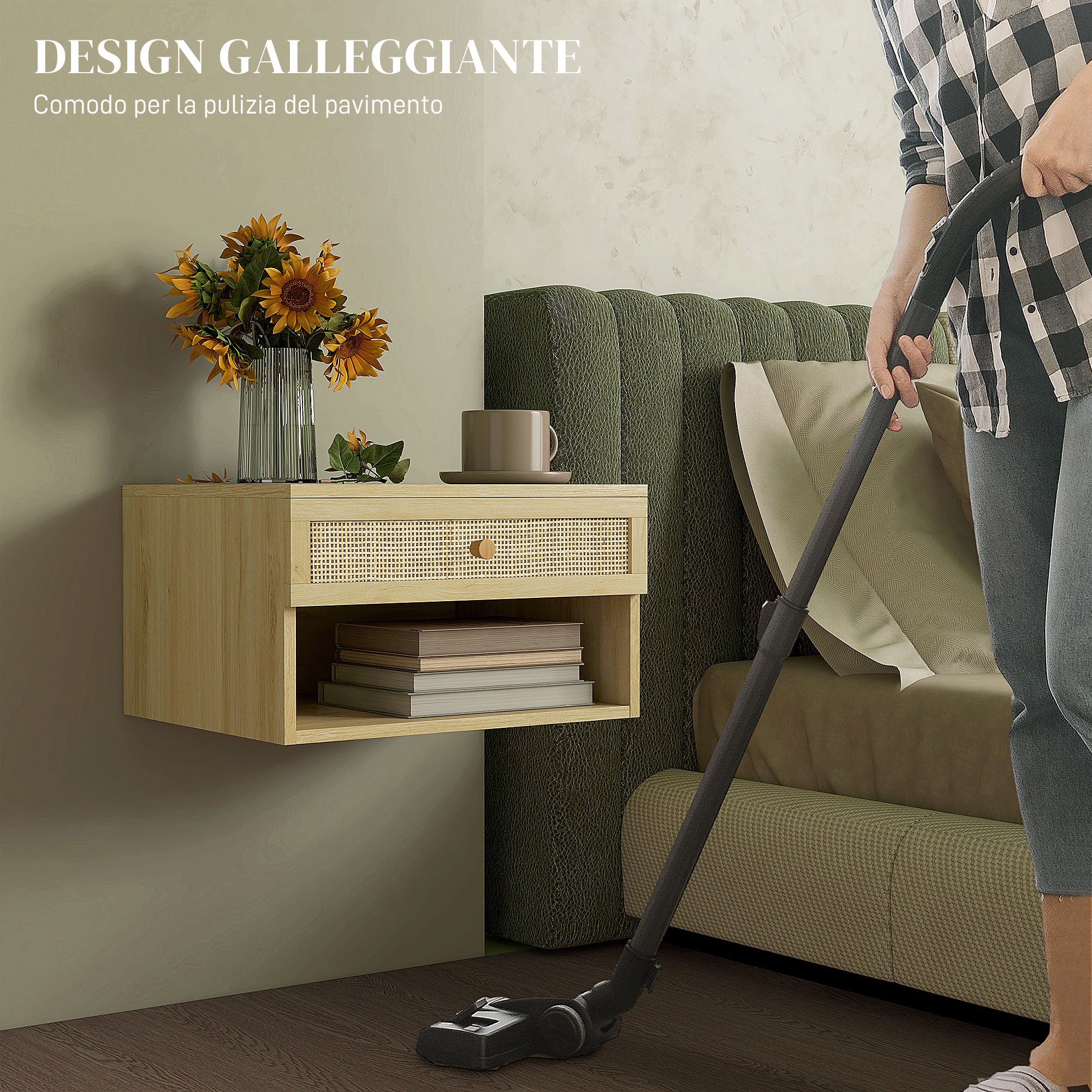 HOMCOM Set of 2 Bedside Tables with Drawer and Open Shelves in Nordic Style, in Chipboard and Rattan, 40x34x23 cm - Borgè