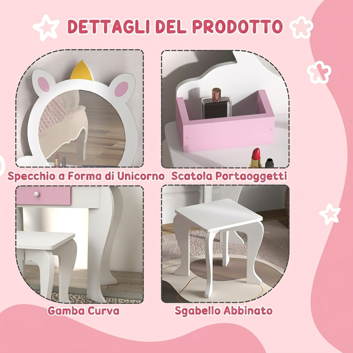 ZONEKIZ Girls' Vanity Makeup Set with Stool, Acrylic Mirror, 2 Storage Boxes, Unicorn Design, Pink