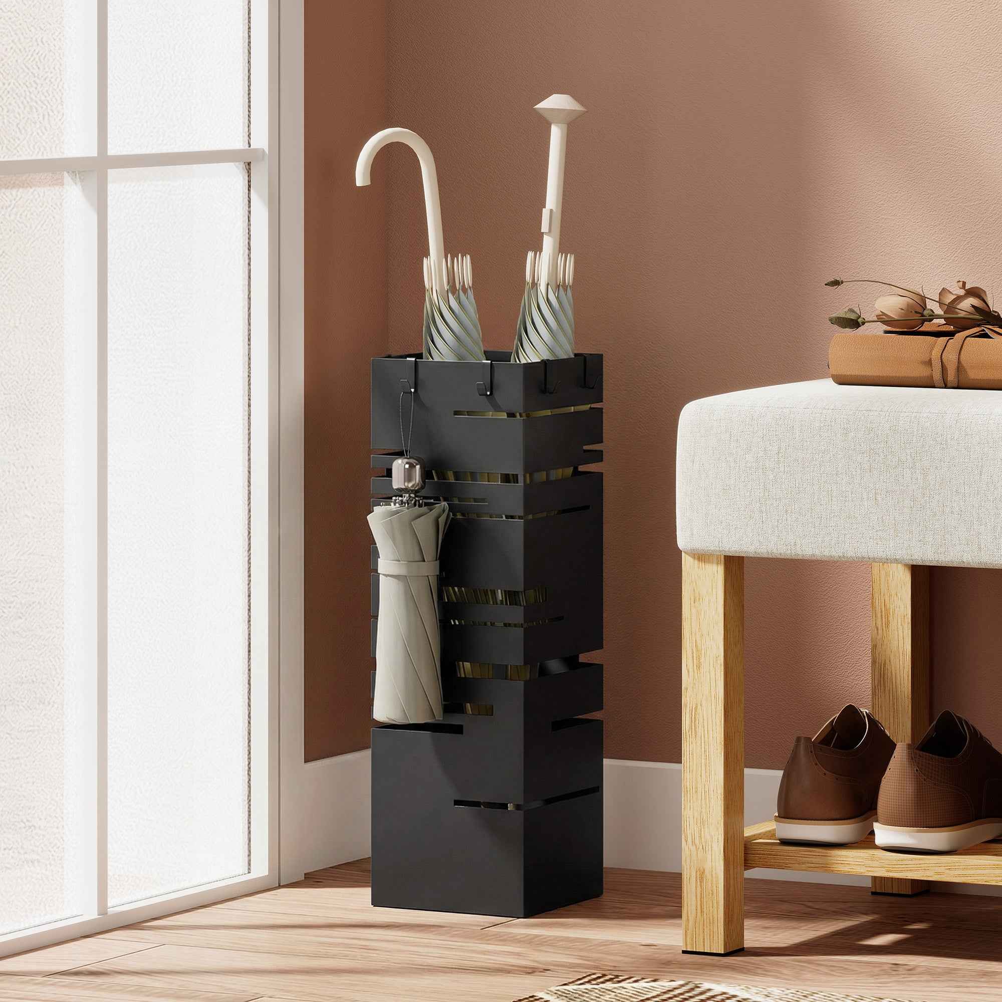 HOMCOM Freestanding Square Metal Umbrella Stand for Entryway, Black