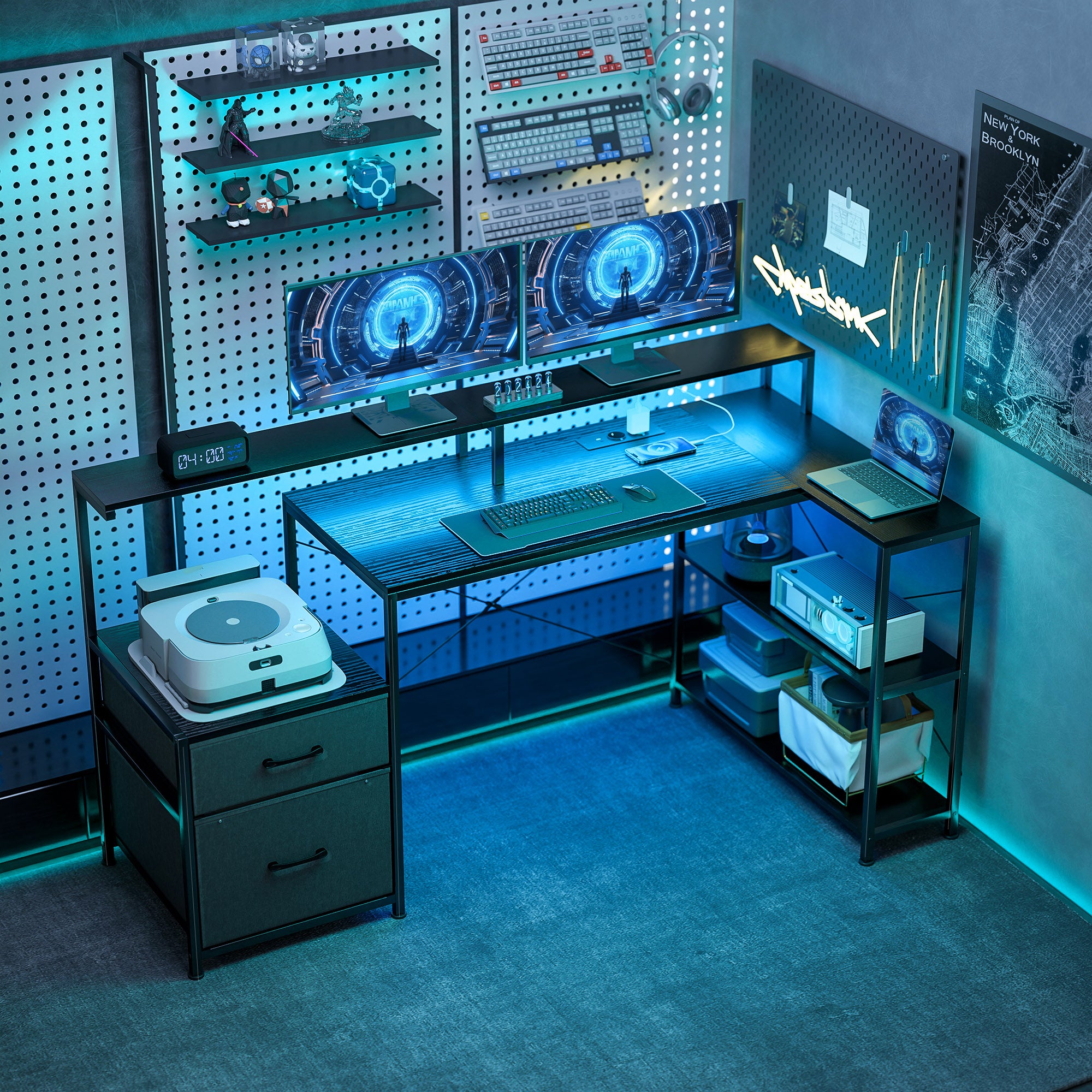 Gaming Desk with Storage Space and 2 Monitor Stands, Wood and Steel, 165x80x91.5 cm, Black