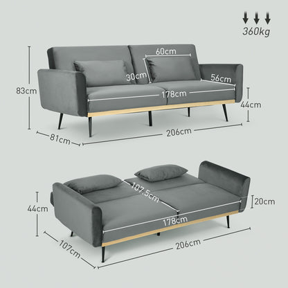 LASKA - 3 Seater Sofa Bed with Click Clack Design and 2 Cushions, in Velvet Effect Fabric, 206x81x83 cm, Grey