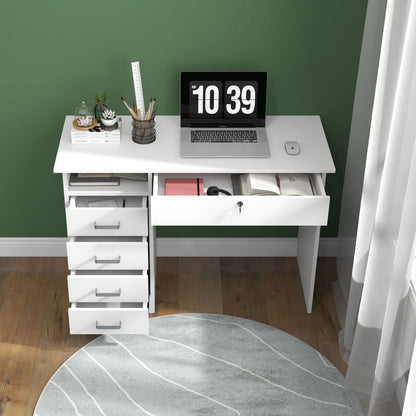 HOMCOM Modern Desk with 5 Drawers and Open Compartment with Lock and 2 Keys, 110x50x76cm, White