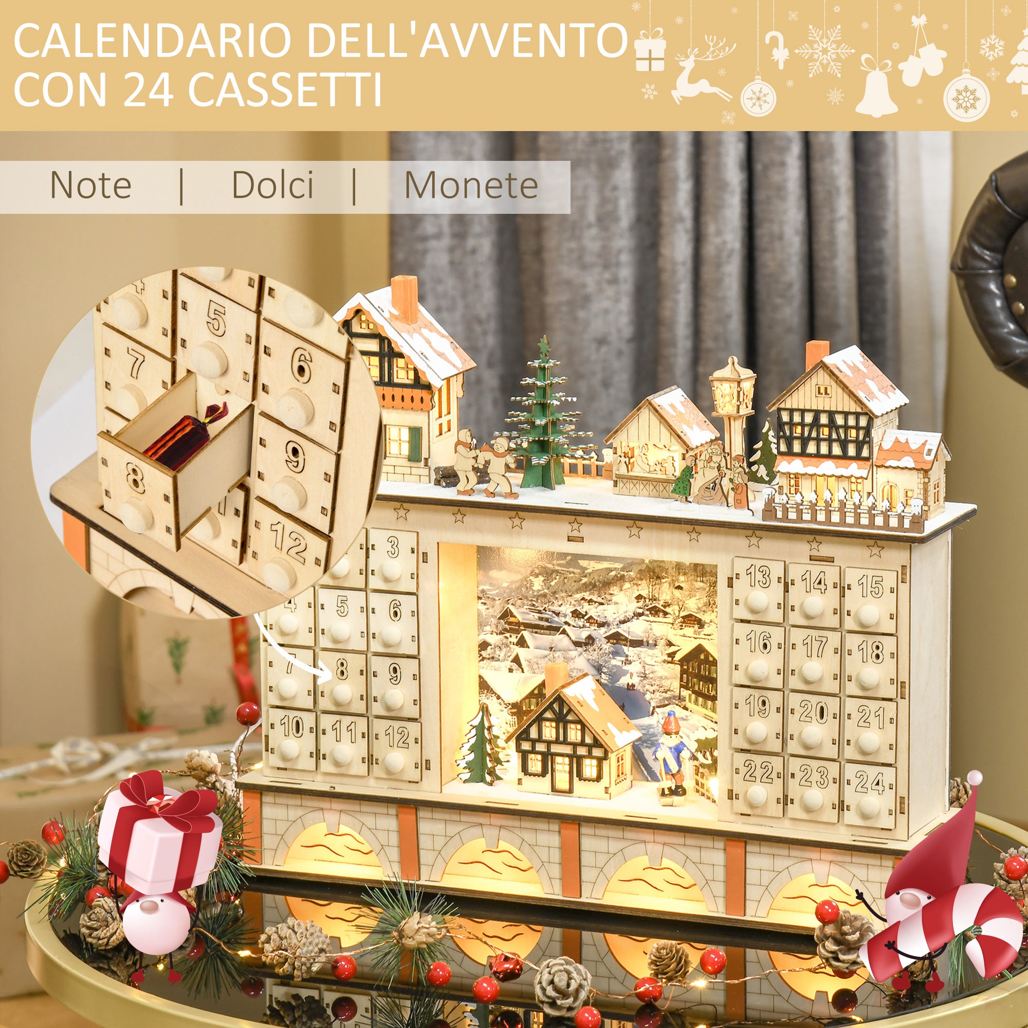 Wooden Advent Calendar with 24 Drawers to Fill, Christmas Village Decoration and Lights, 44x10x37cm