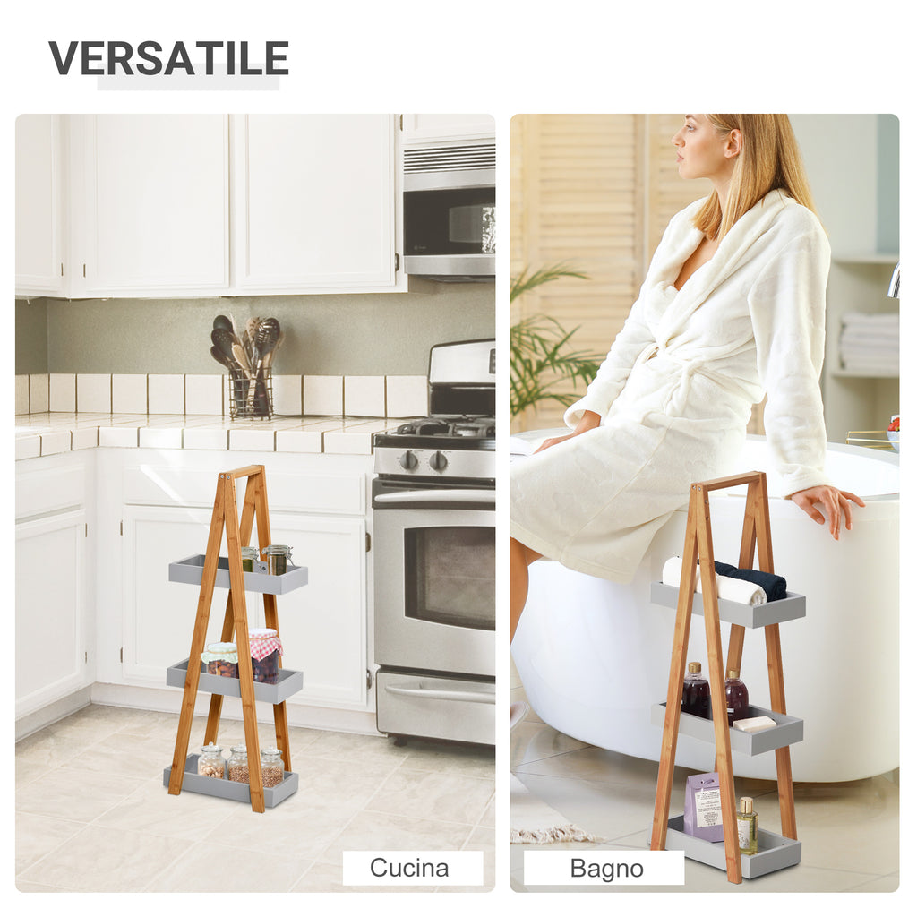 Kleankin Space-Saving Bathroom Shelf in MDF and Bamboo, Pyramid Shape with 3 Shelves, Wood and Grey Color, 30x18x81cm