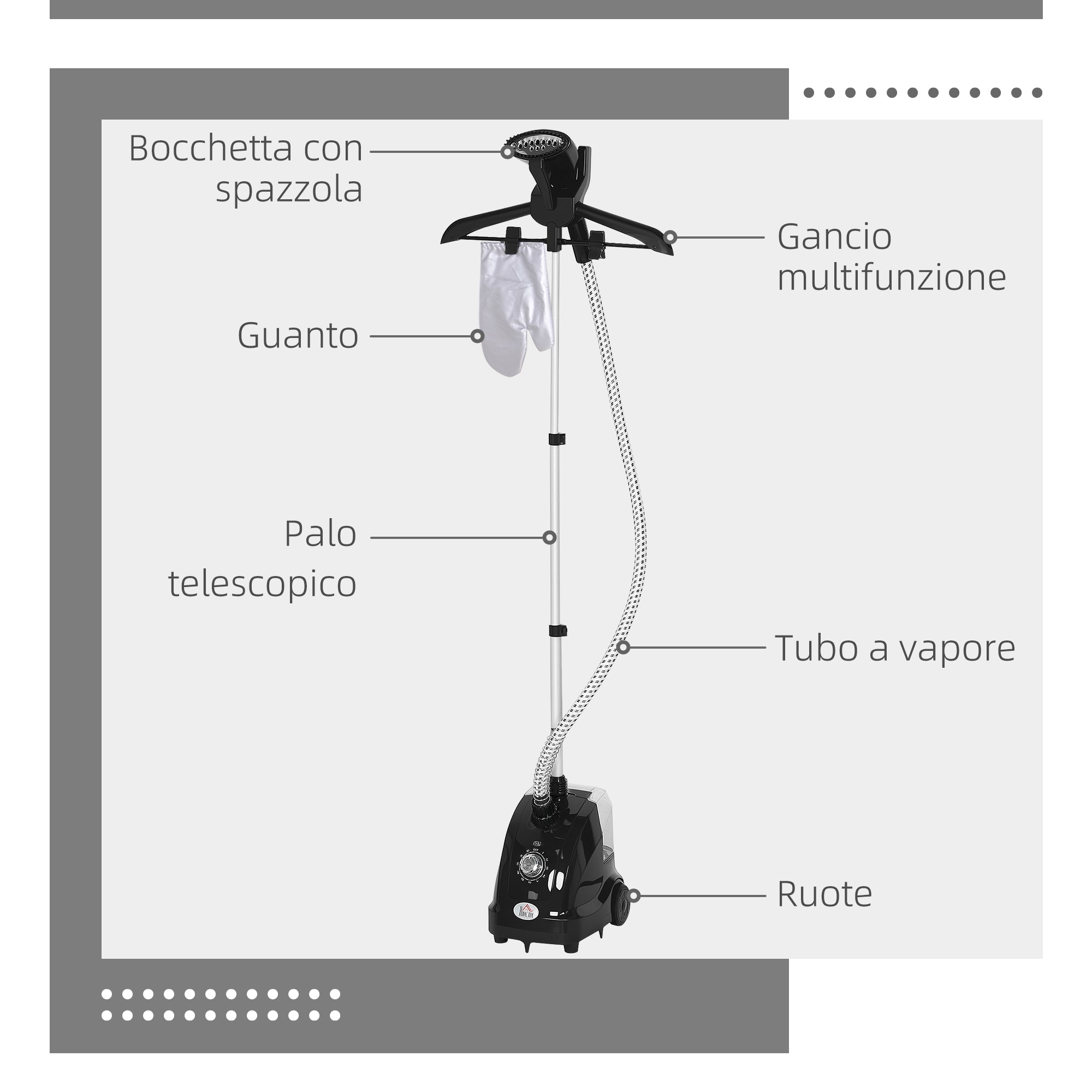 1.4L Vertical Steam Iron with Extendable Rod and 2 Wheels, in ABS and PP, 26x21.5x29 cm, Black