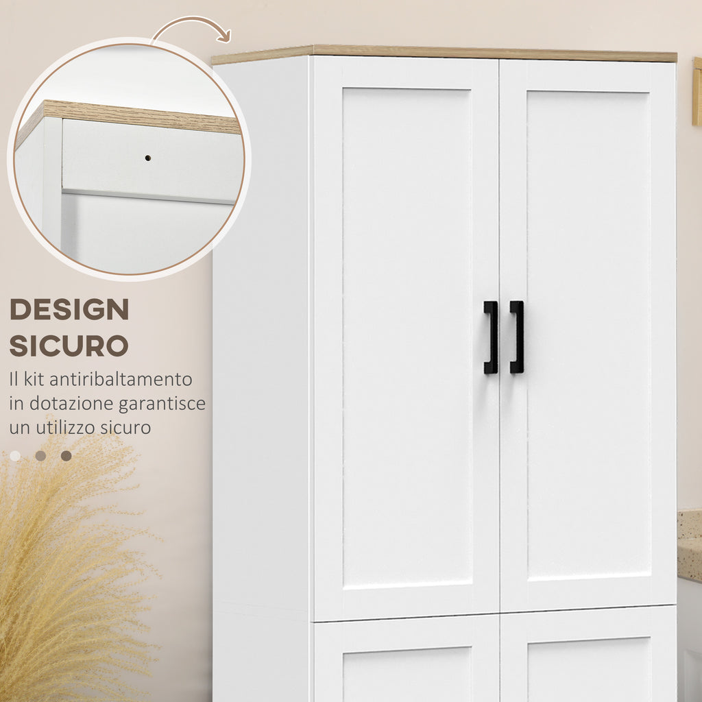 Wooden Kitchen Pantry Cabinet with 5 Adjustable Shelves and 4 Doors, 60x30x170.5 cm, White and Wood Color
