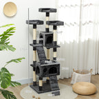 Cat Scratching Tree with 3 Perches, 2 Houses and Hanging Toys, Made of Wood and Plush, 49x49x173 cm, Grey