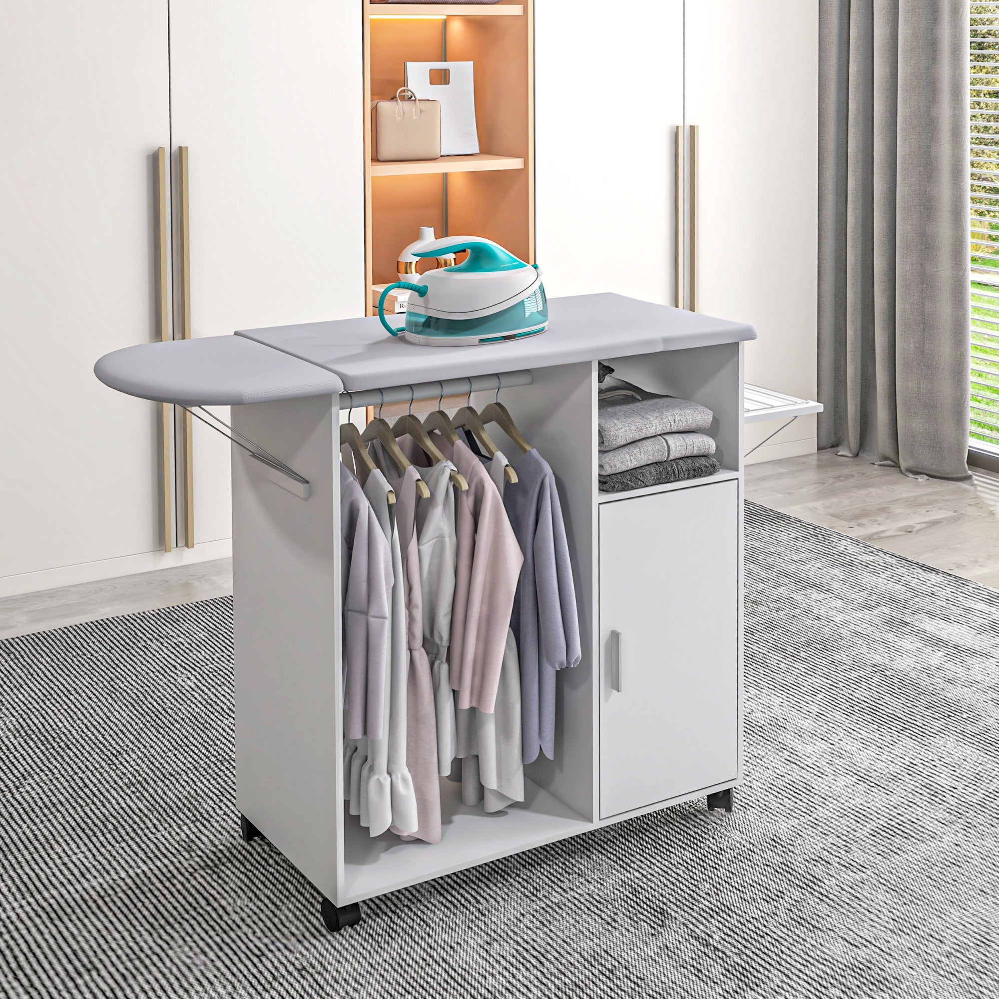 Mobile Ironing Board with Shelf, 3 Cube Shelves and Guide, 107x42.5x99cm, White - Borgè