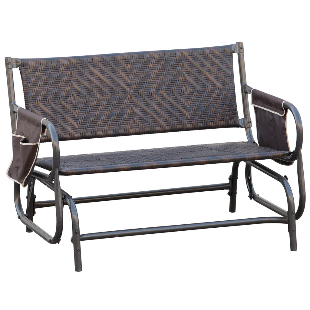 2-Seater Rattan and Steel Garden Swing Bench with Side Pockets, 122x75x88cm Brown and Black