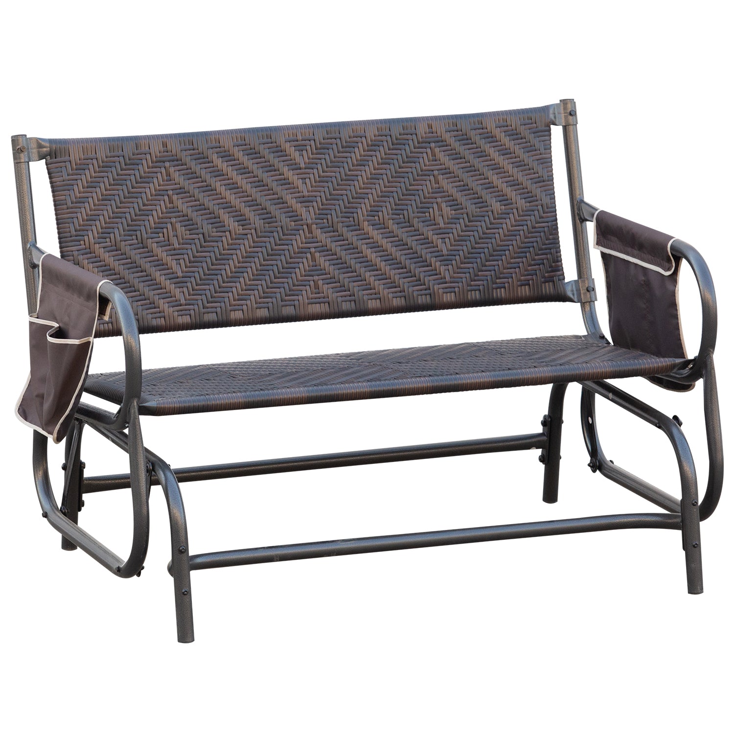 2-Seater Rattan and Steel Garden Swing Bench with Side Pockets, 122x75x88cm Brown and Black