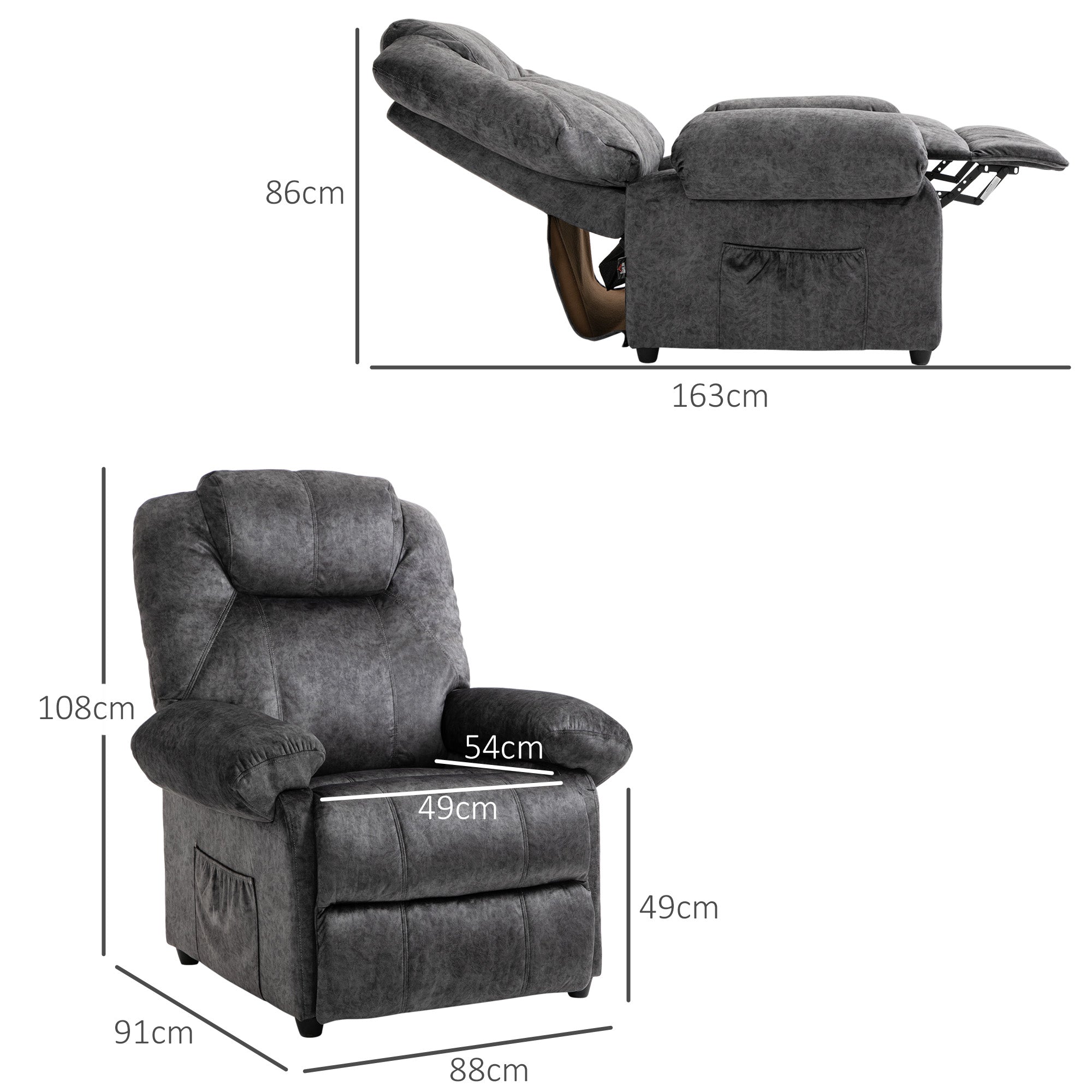 Manual Reclining Fabric Relax Chair with Removable Footrest and Side Pocket, Black