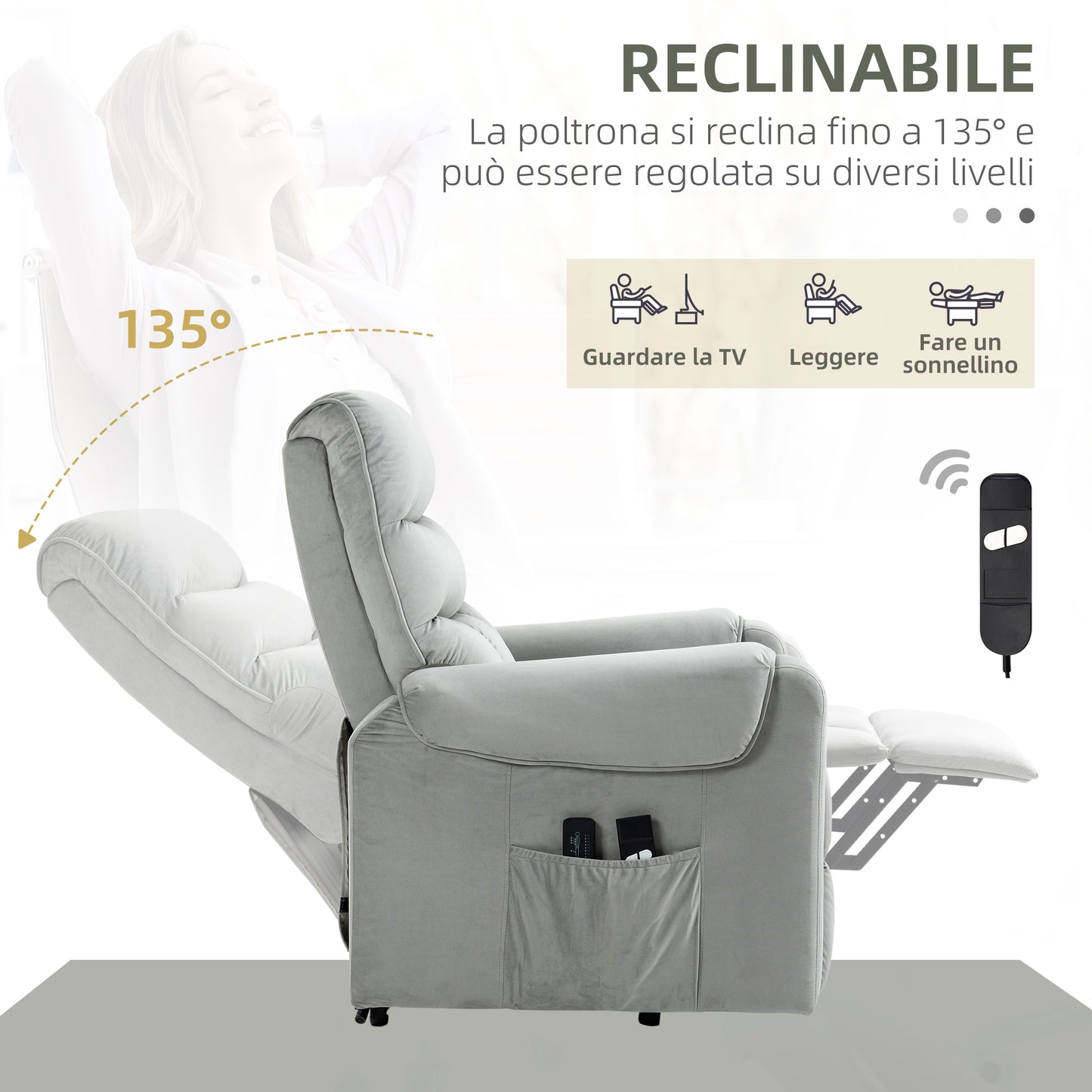 Relaxing Armchair with 135° Reclining, Massaging and Lifting with Remote Control, 79x97x103cm, Gray - Borgè